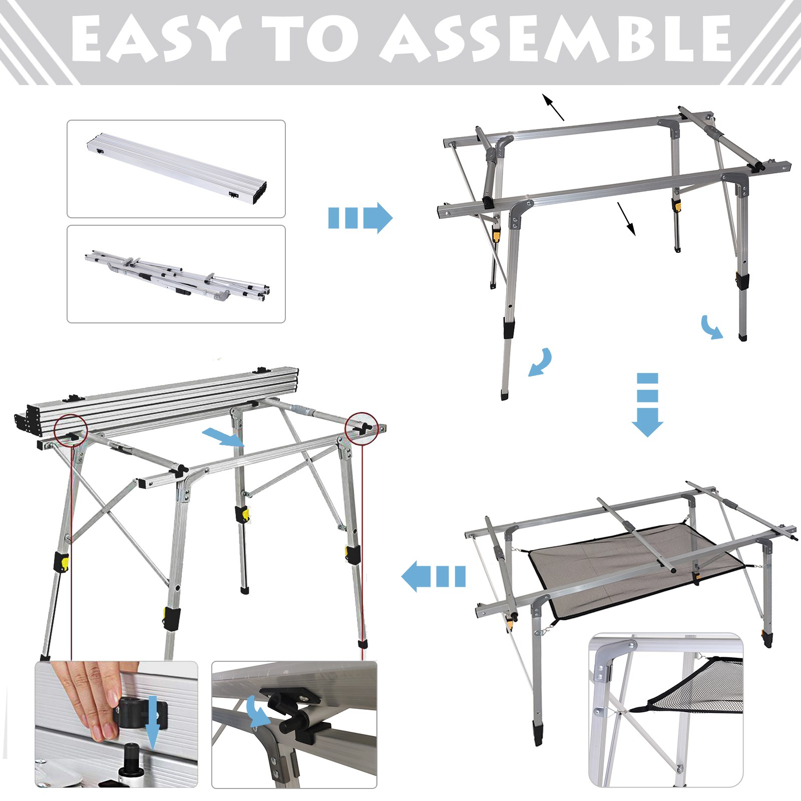 Outsunny Aluminium Portable Folding Picnic Table 4FT, Roll Up Top with Mesh Layer Rack, Ideal for Camping BBQ, Includes Carrying Bag