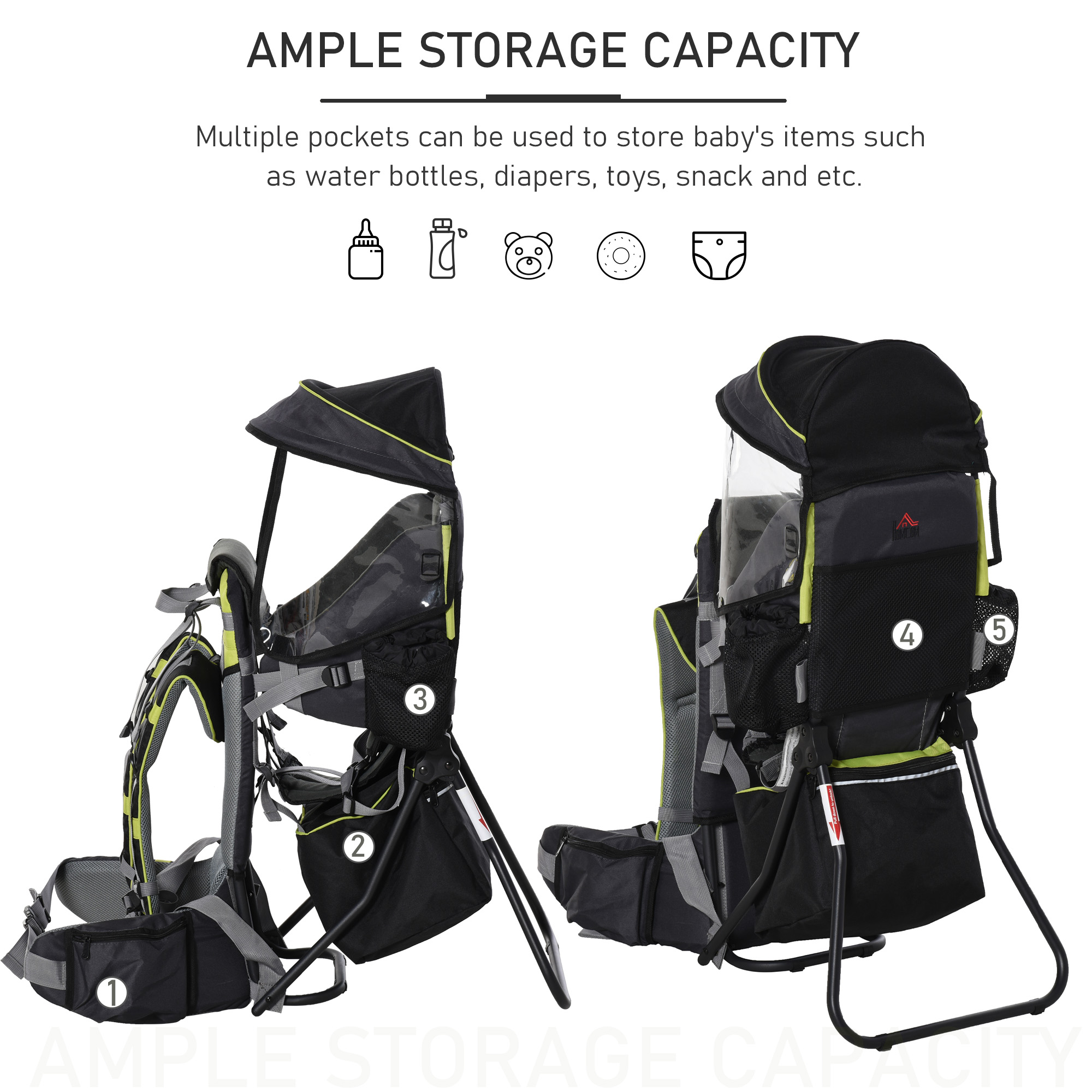 HOMCOM Baby Hiking Backpack Carrier Child Carrier with Ergonomic Hip Seat Detachable Rain Cover Adjustable Straps Stand for Toddler 6-36 Months Black