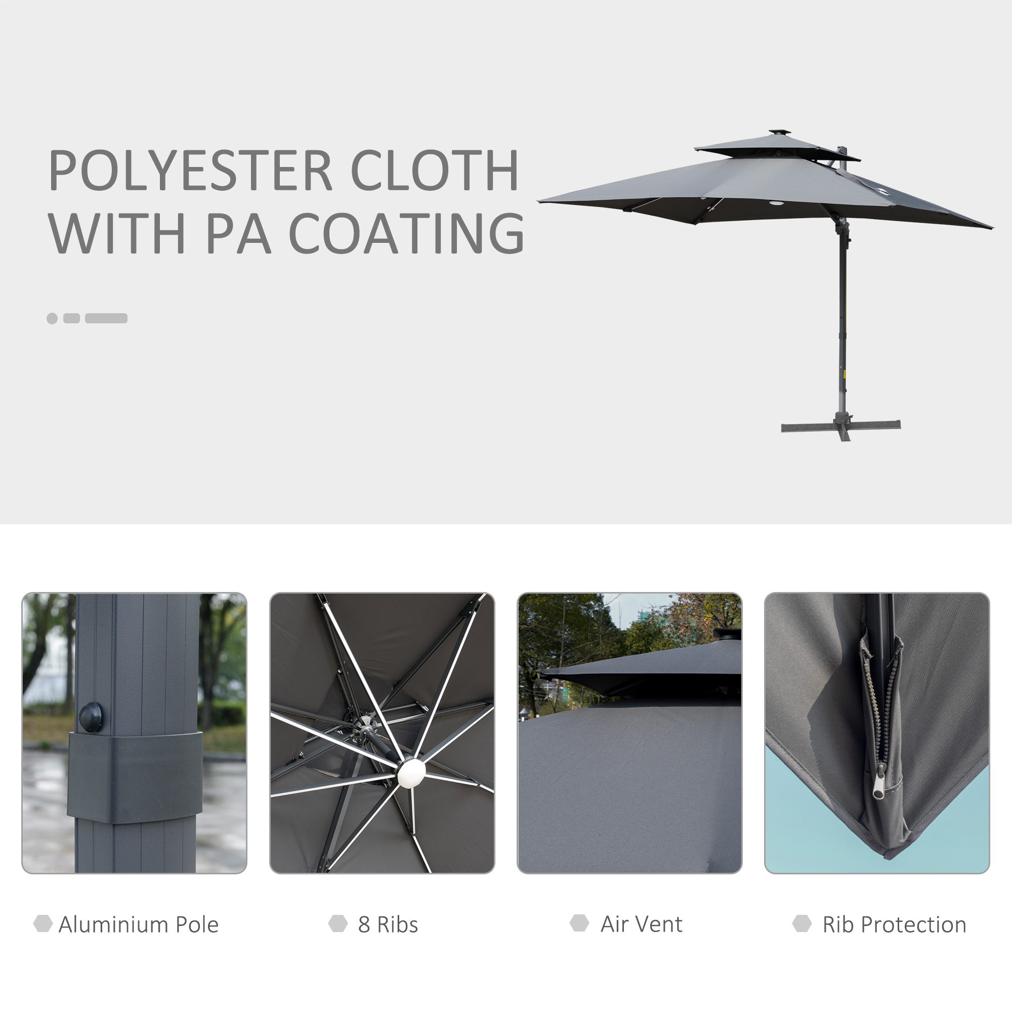 Outsunny 3m Cantilever Parasol, Outdoor Offset Patio Umbrella, Solar LED Lighted Hanging Sun Shade Canopy w/ Tilt and Crank Handle, Cross Base, Grey