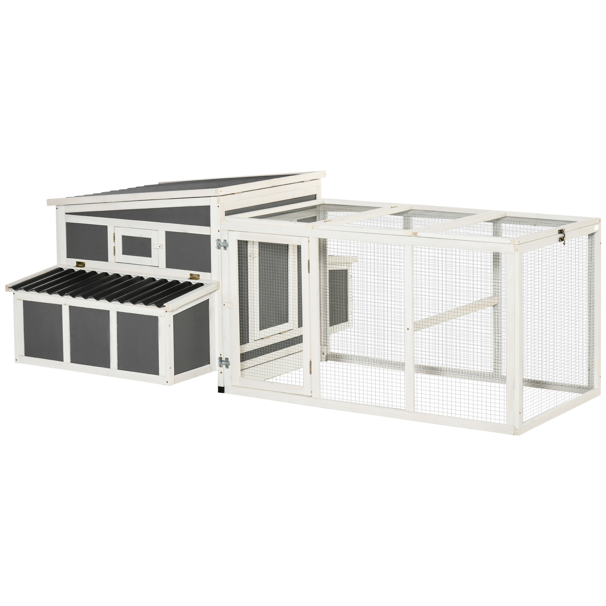 PawHut Gallinero de Madera para Exterior 225x147x85,5 cm Jaula para 6-8 Gallinas con Corral de Alambre Techo y Ventana Abatibles 2 Nidos Gris y Blanco