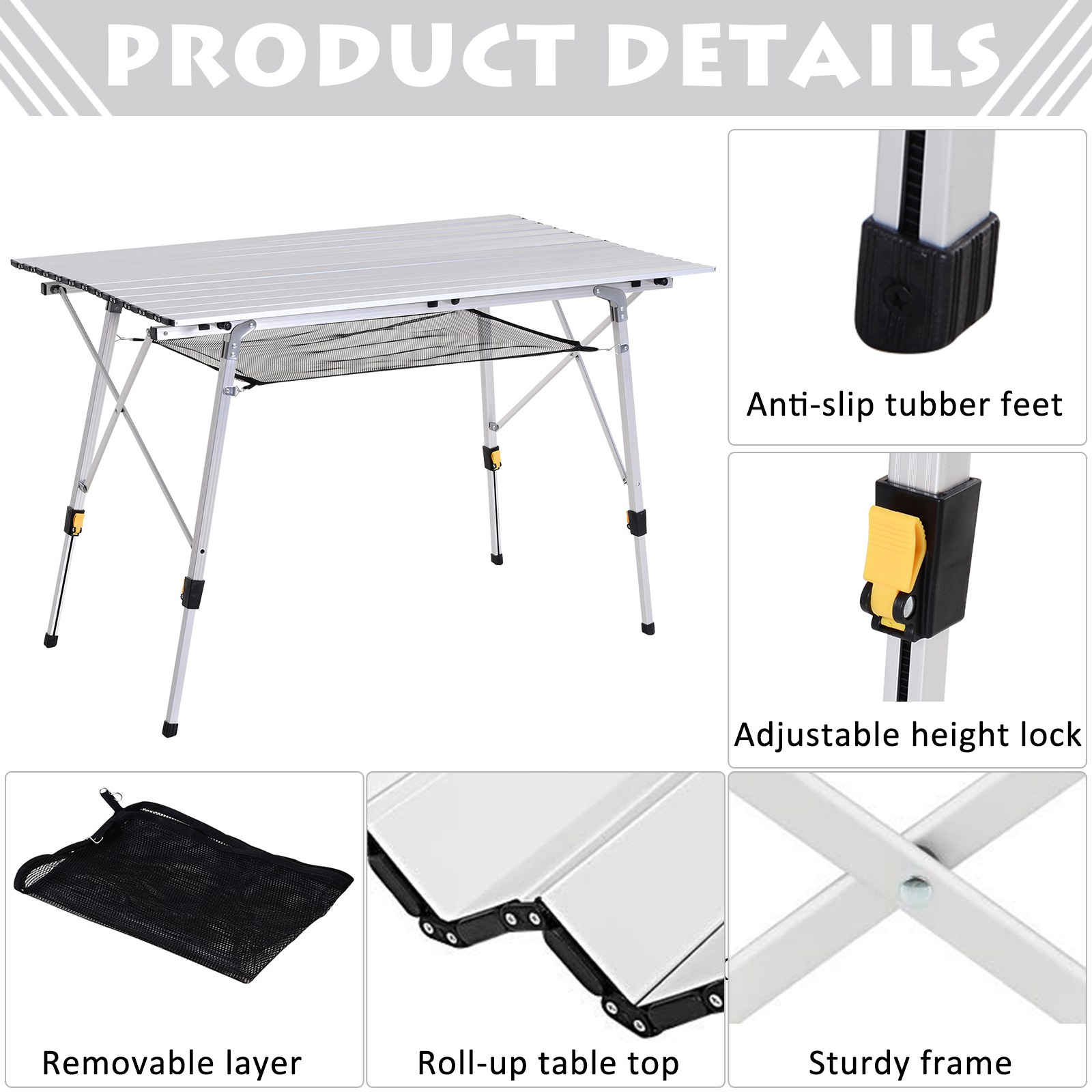 Outsunny Aluminium Portable Folding Picnic Table 4FT, Roll Up Top with Mesh Layer Rack, Ideal for Camping BBQ, Includes Carrying Bag