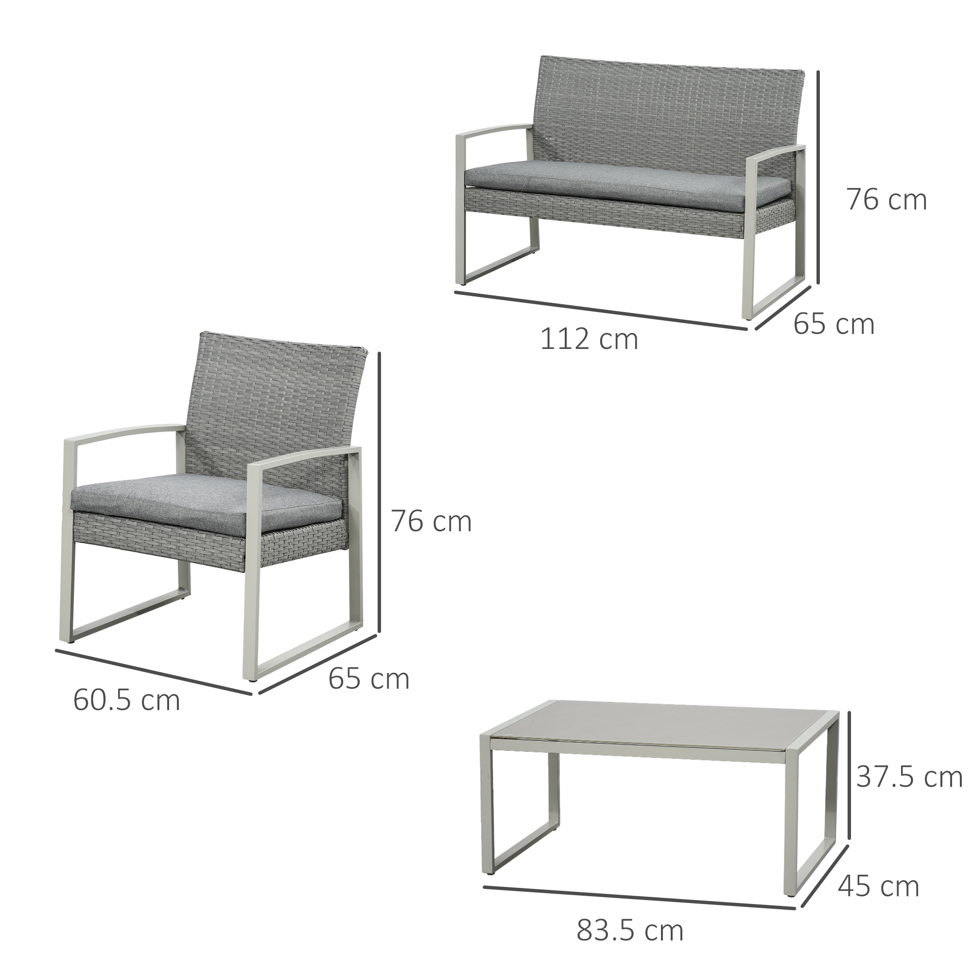 Outsunny 4 PCs PE Rattan Wicker Sofa Set Outdoor Conservatory Furniture Lawn Patio Coffee Table w/ Cushion, Grey
