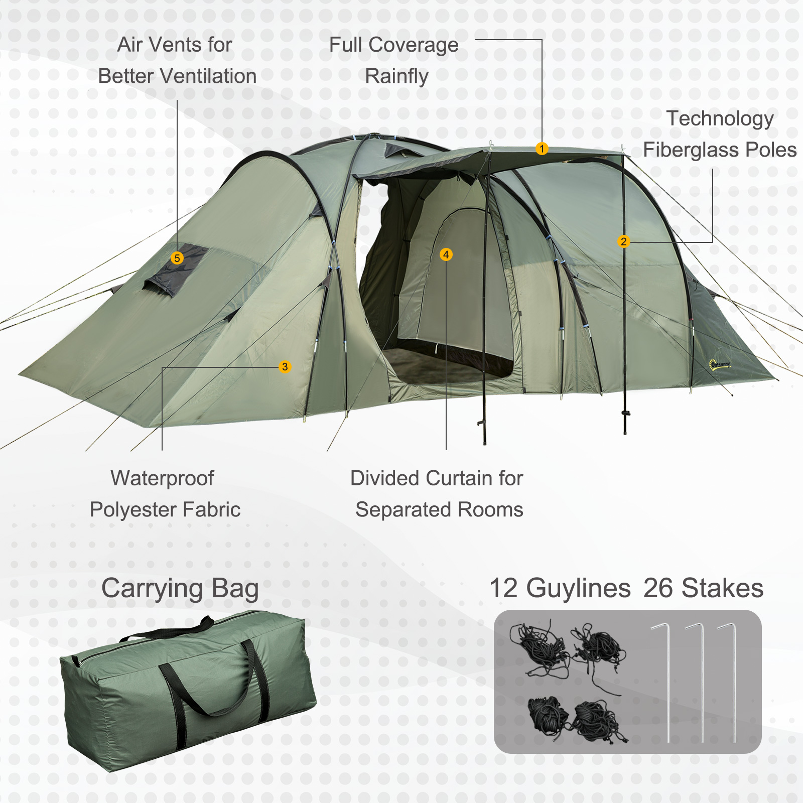 Outsunny Spacious 5 Man Camping Gazebo, Waterproof Tent with Rainfly, 3 Comfortable Rooms, Easy Transport with Carry Bag, Green