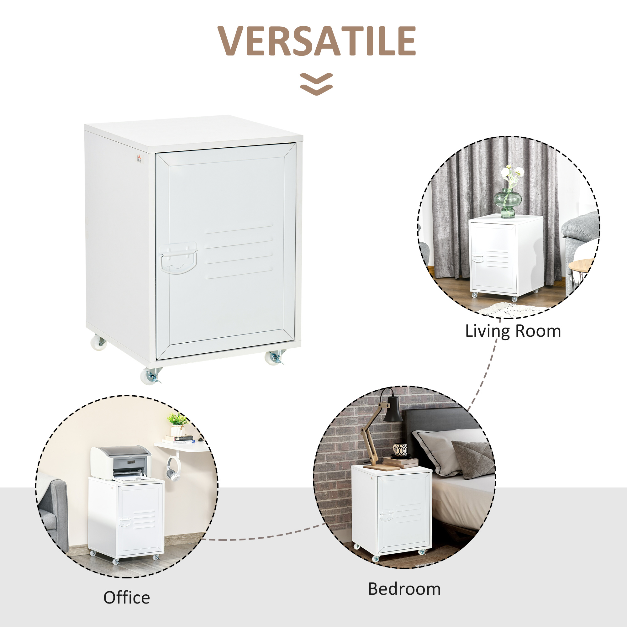 HOMCOM Mobile Bedside Cabinet Industrial Style, Rolling End Table with Metal Door, Adjustable Shelf & Wheels for Bedroom, Office Storage, White