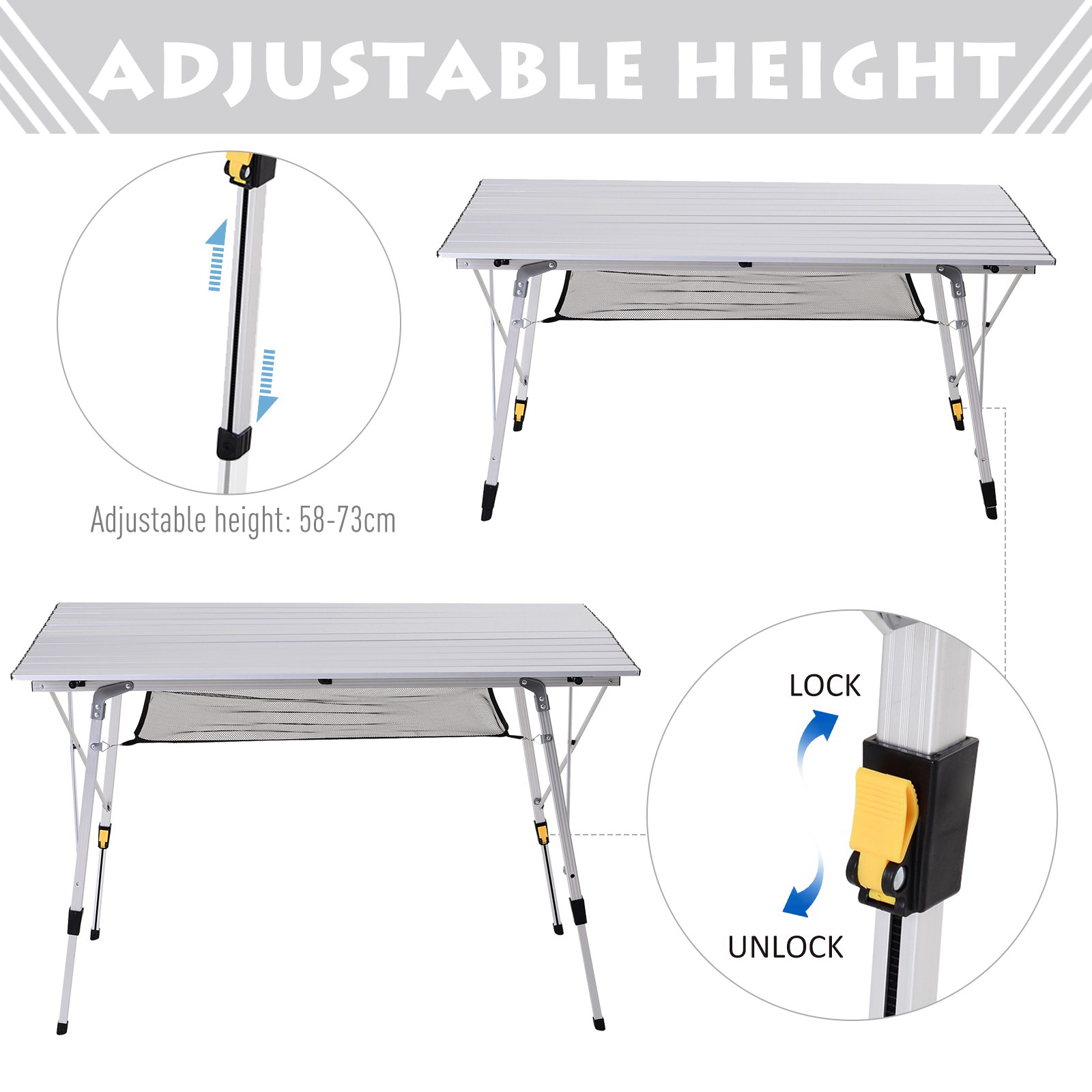 Outsunny Aluminium Portable Folding Picnic Table 4FT, Roll Up Top with Mesh Layer Rack, Ideal for Camping BBQ, Includes Carrying Bag
