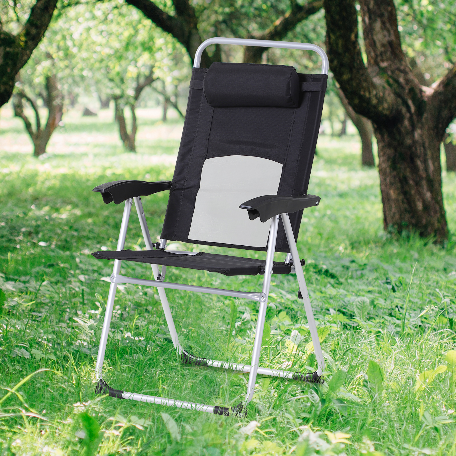 Outsunny Folding Garden Chair, Outdoor Patio Armchair with 3-Position Adjustable Recliner, Reclining Seat with Pillow for Comfort, Black