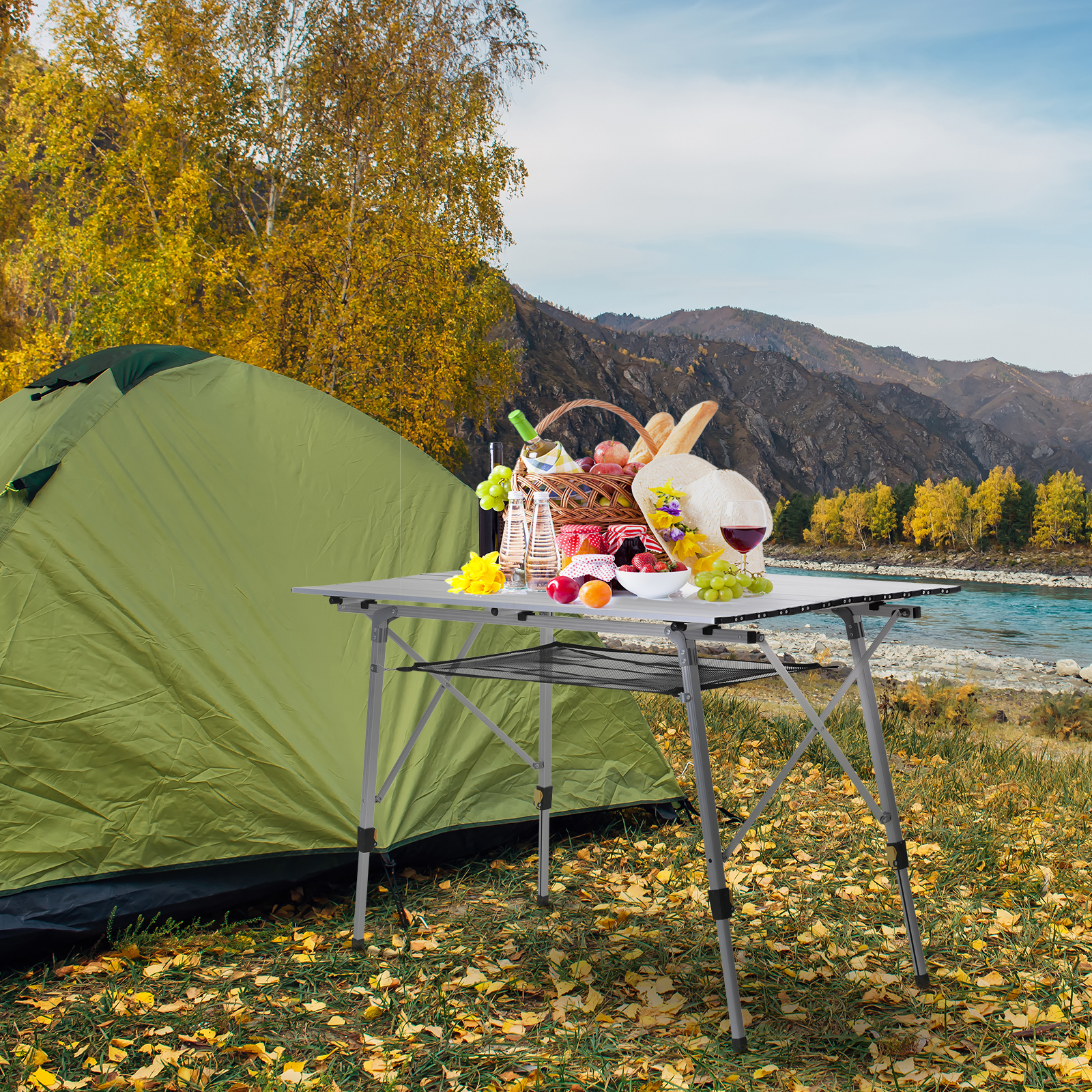 Outsunny Aluminium Portable Folding Picnic Table 4FT, Roll Up Top with Mesh Layer Rack, Ideal for Camping BBQ, Includes Carrying Bag