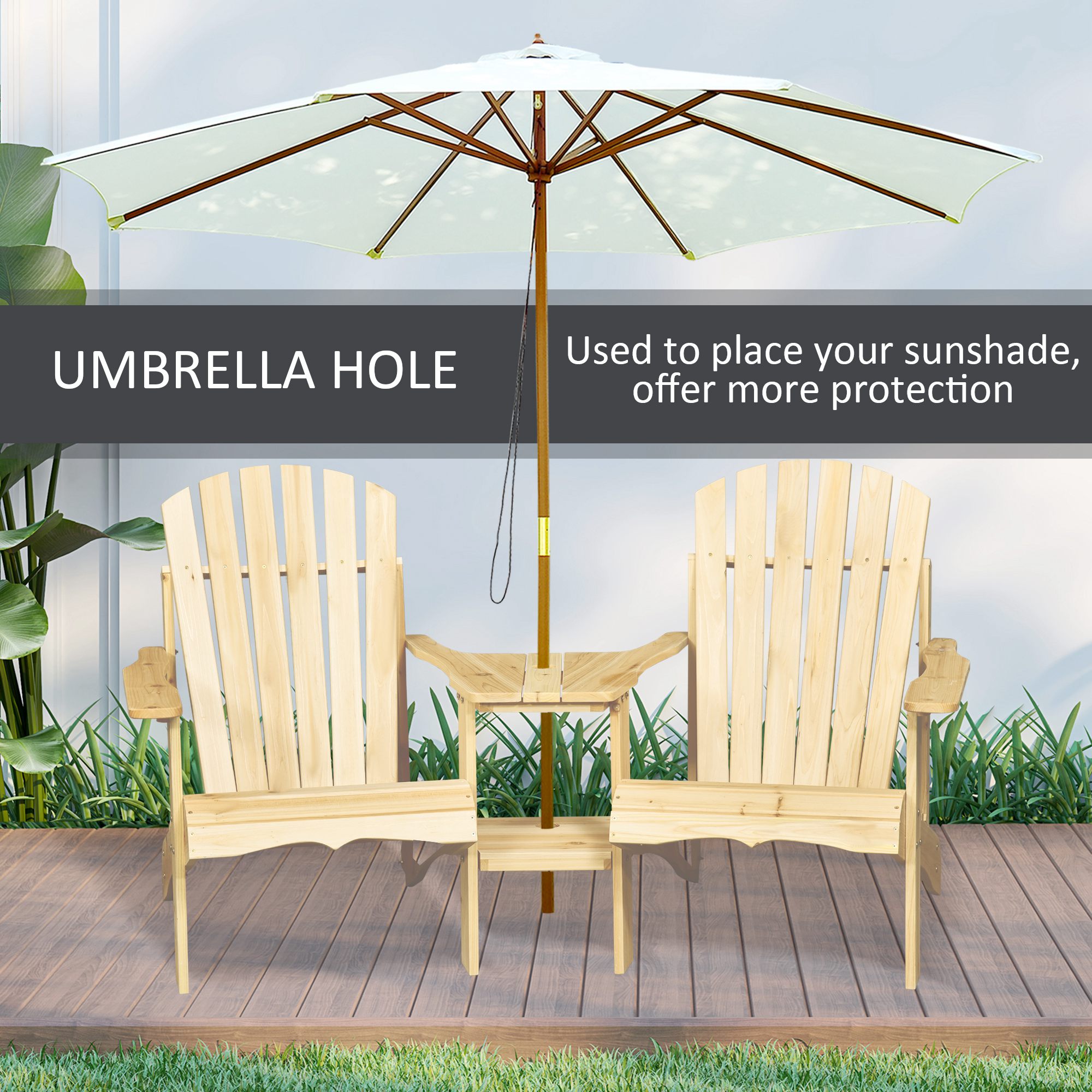 Outsunny Wooden Double Adirondack Chairs Loveseat with Centre Table & Umbrella Hole, Outdoor Garden Patio Furniture for Relaxation, Natural