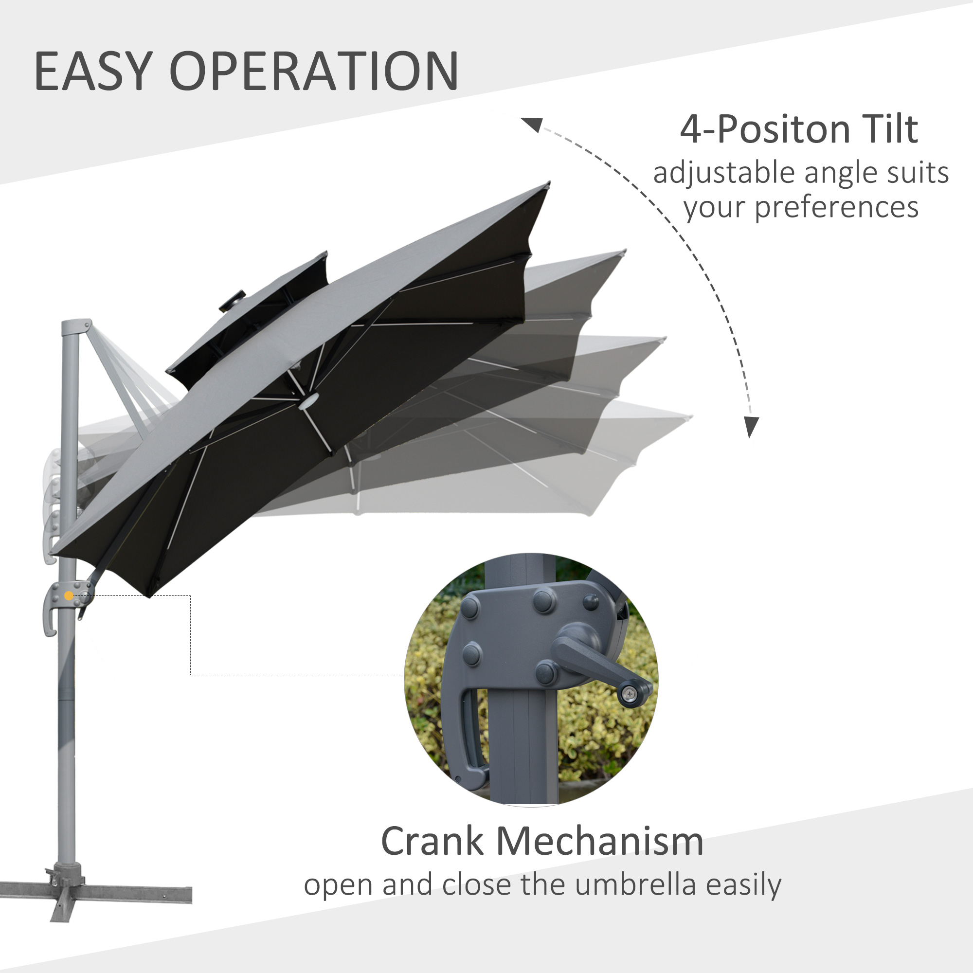 Outsunny 3m Cantilever Parasol, Outdoor Offset Patio Umbrella, Solar LED Lighted Hanging Sun Shade Canopy w/ Tilt and Crank Handle, Cross Base, Grey