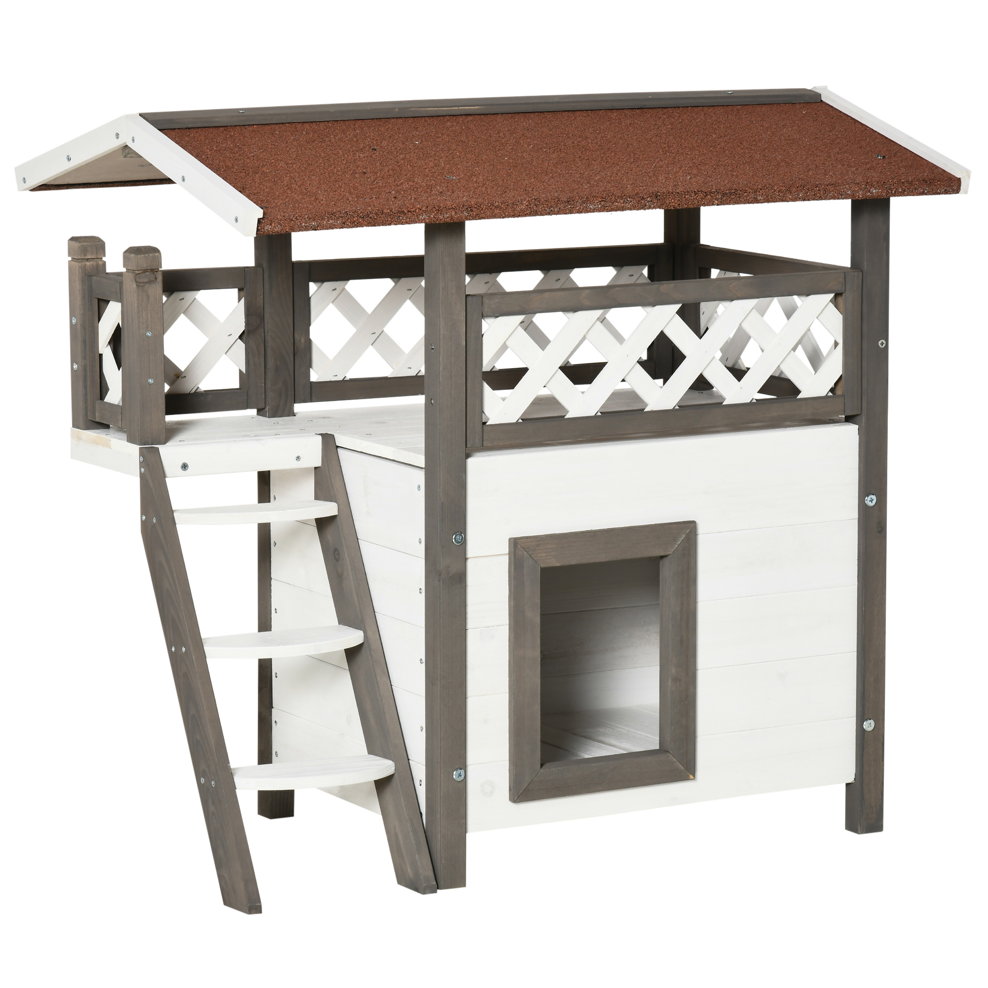 PawHut Casetta per Gatti e Piccoli Animali da Esterno in Legno con Cuccia, Terrazza e Scaletta, 77x50x73cm, Bianco e Grigio