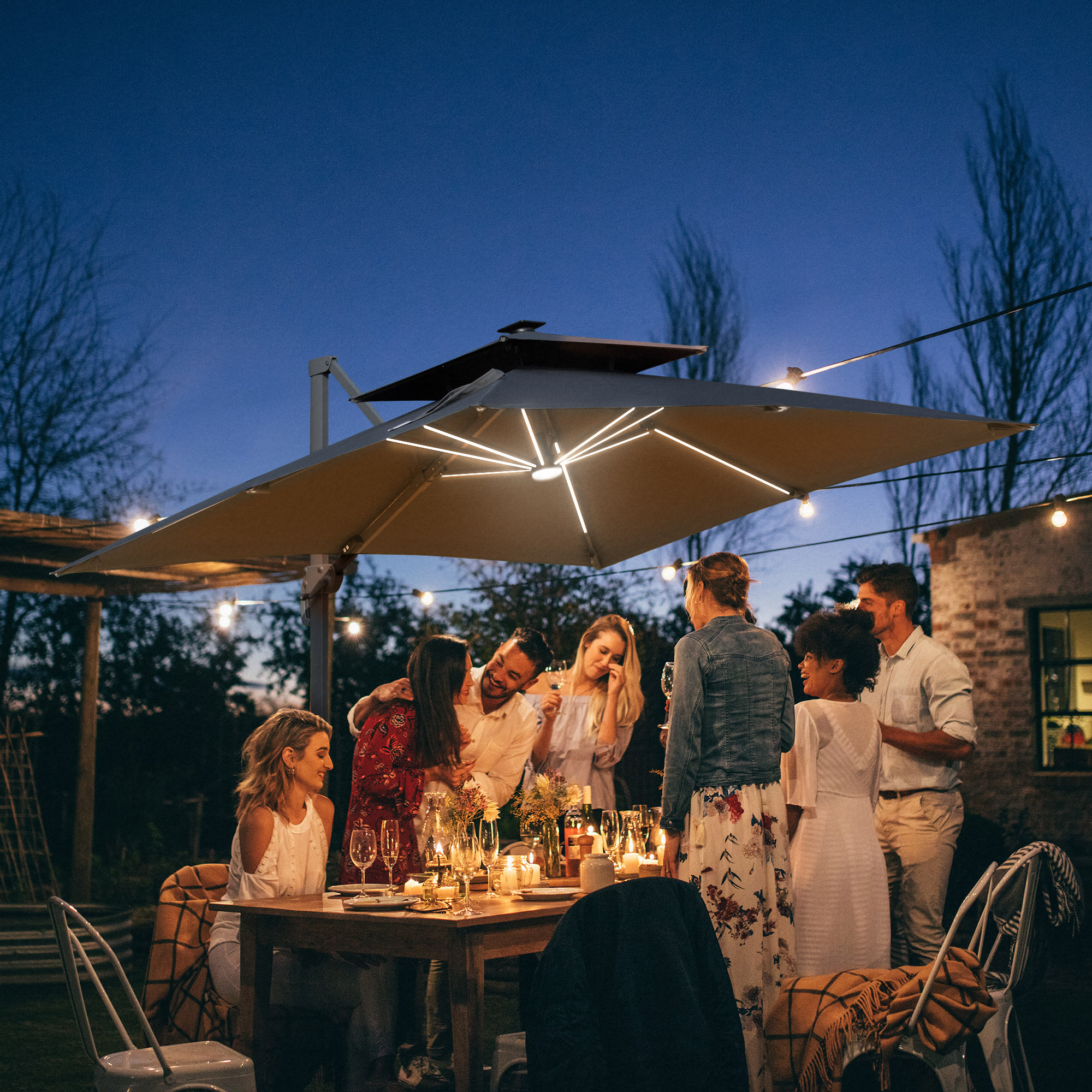 Outsunny 3m Cantilever Parasol, Outdoor Offset Patio Umbrella, Solar LED Lighted Hanging Sun Shade Canopy w/ Tilt and Crank Handle, Cross Base, Grey