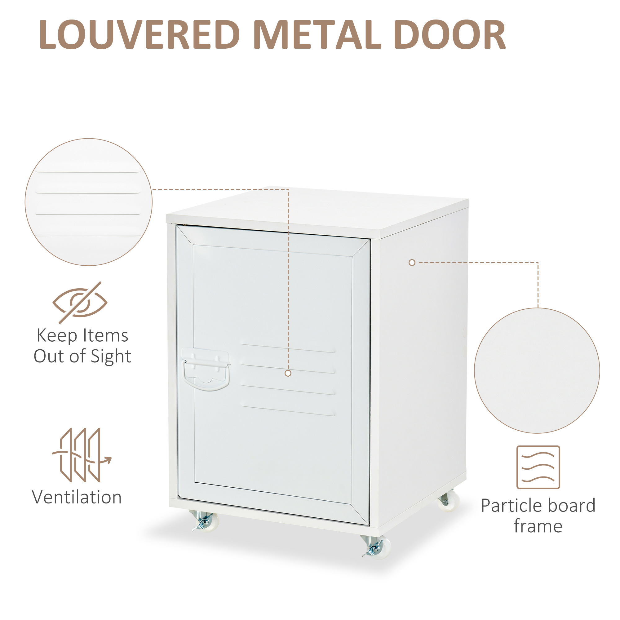 HOMCOM Mobile Bedside Cabinet Industrial Style, Rolling End Table with Metal Door, Adjustable Shelf & Wheels for Bedroom, Office Storage, White