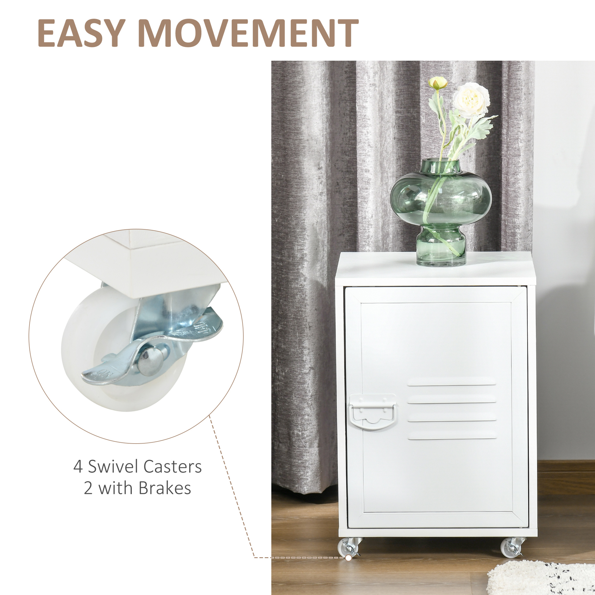 HOMCOM Mobile Bedside Cabinet Industrial Style, Rolling End Table with Metal Door, Adjustable Shelf & Wheels for Bedroom, Office Storage, White
