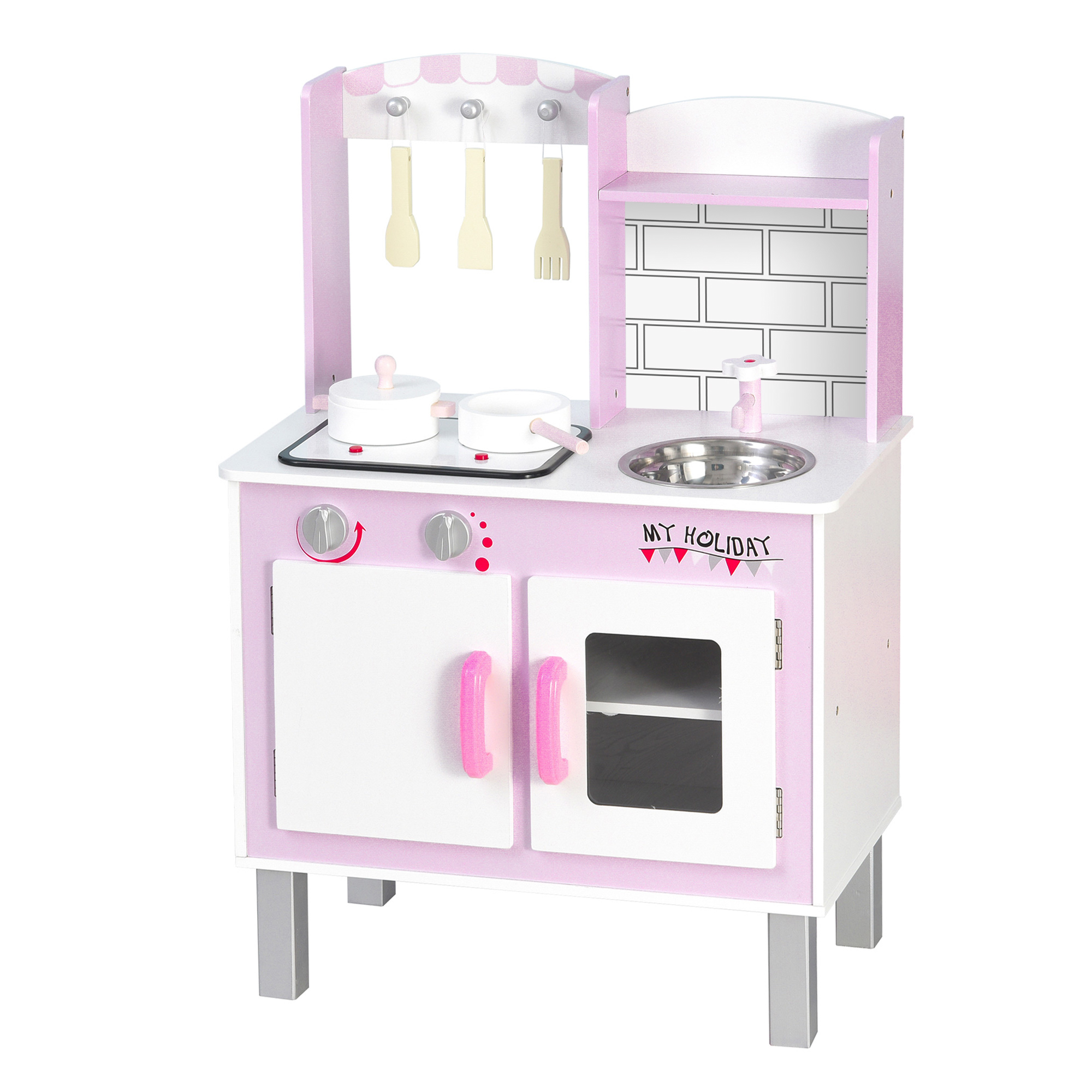 Image of HOMCOM Cucina Giocattolo per Bambini 3+ Anni con 5 Accessori Inclusi, Gioco con Suoni Realistici, Armadietto, 55x30x80cm, Rosa