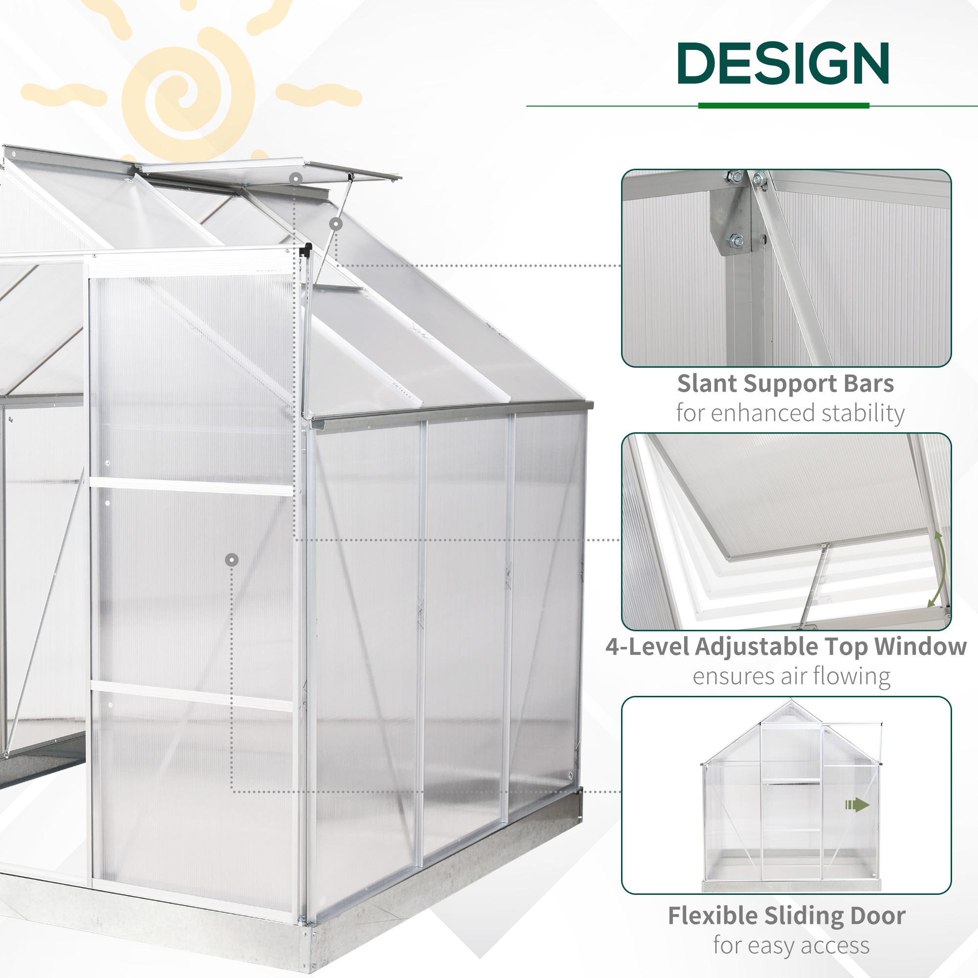 Outsunny 6 x 6 ft Walk-In Greenhouse Polycarbonate Lean to Greenhouse Grow House w/ Aluminium Frame, Sliding Door, Adjustable Window