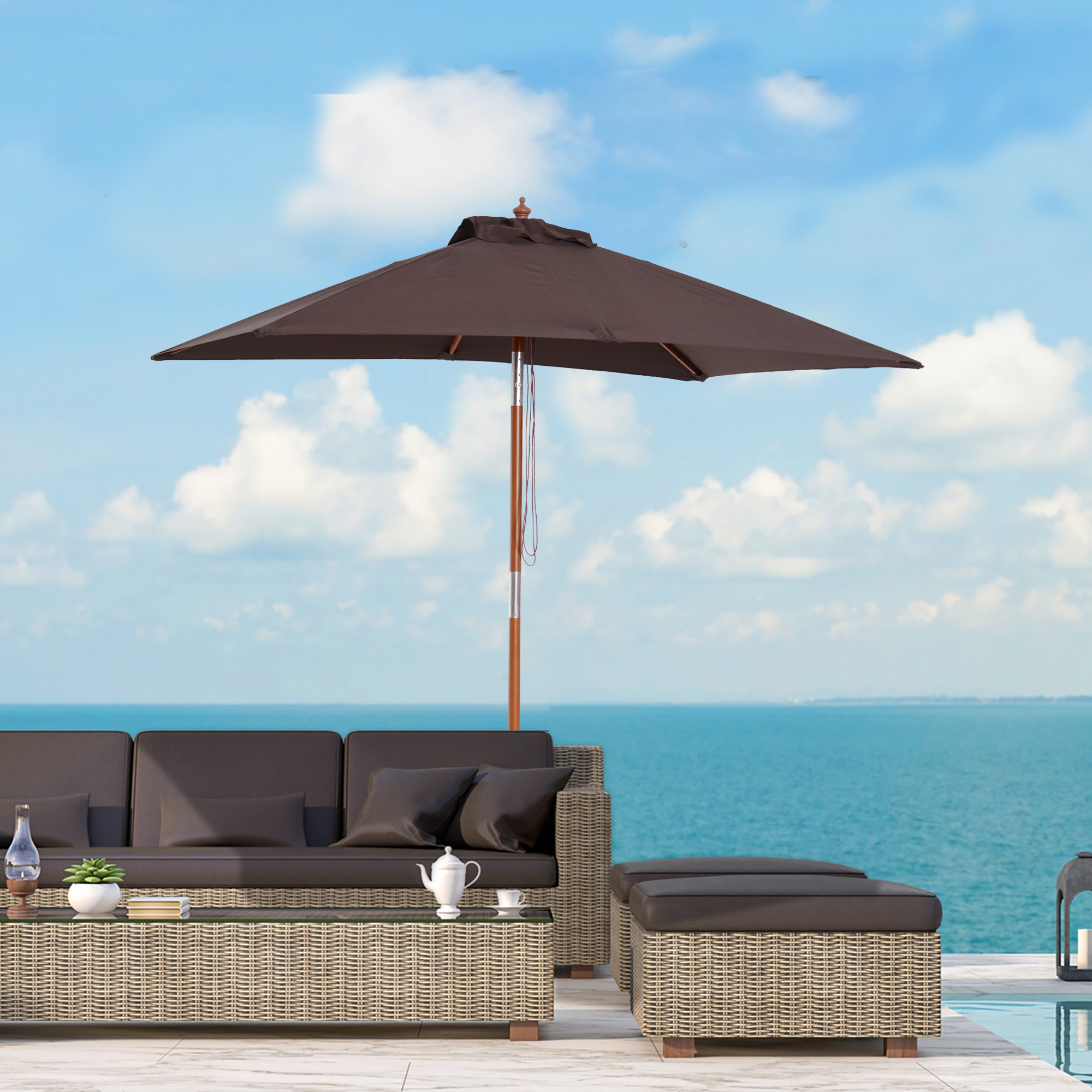 Outsunny Patio Parasol 2m x 1.5m, Bamboo Sunshade Canopy with Fir Wooden Pole, 6 Ribs, Tilt Mechanism for Outdoor Backyard