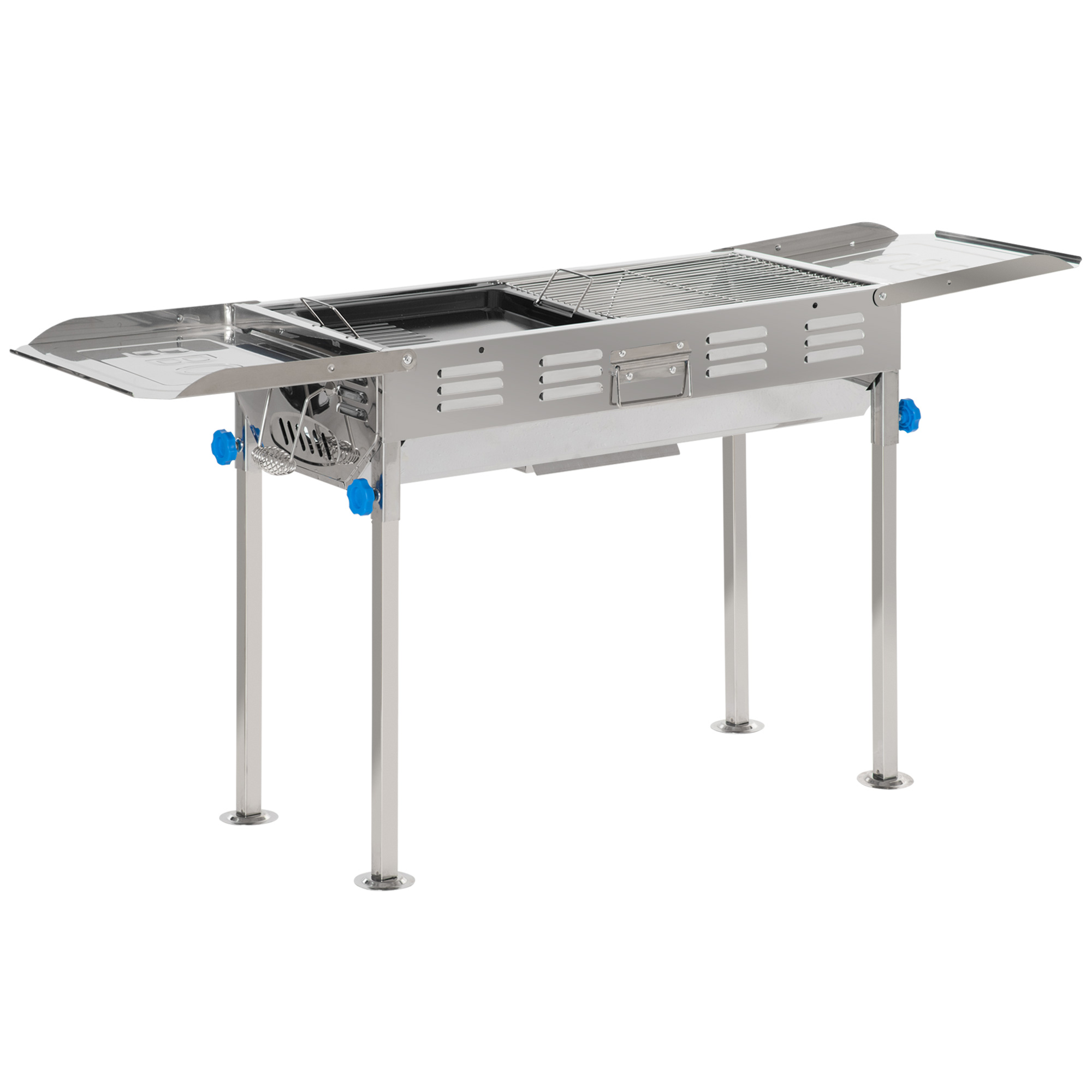 Outsunny Barbecue a Carbone in Acciaio con Altezza Regolabile, 2 Griglie e Piastra, BBQ Portatile con Mensole Laterali, 120x31x60-70cm