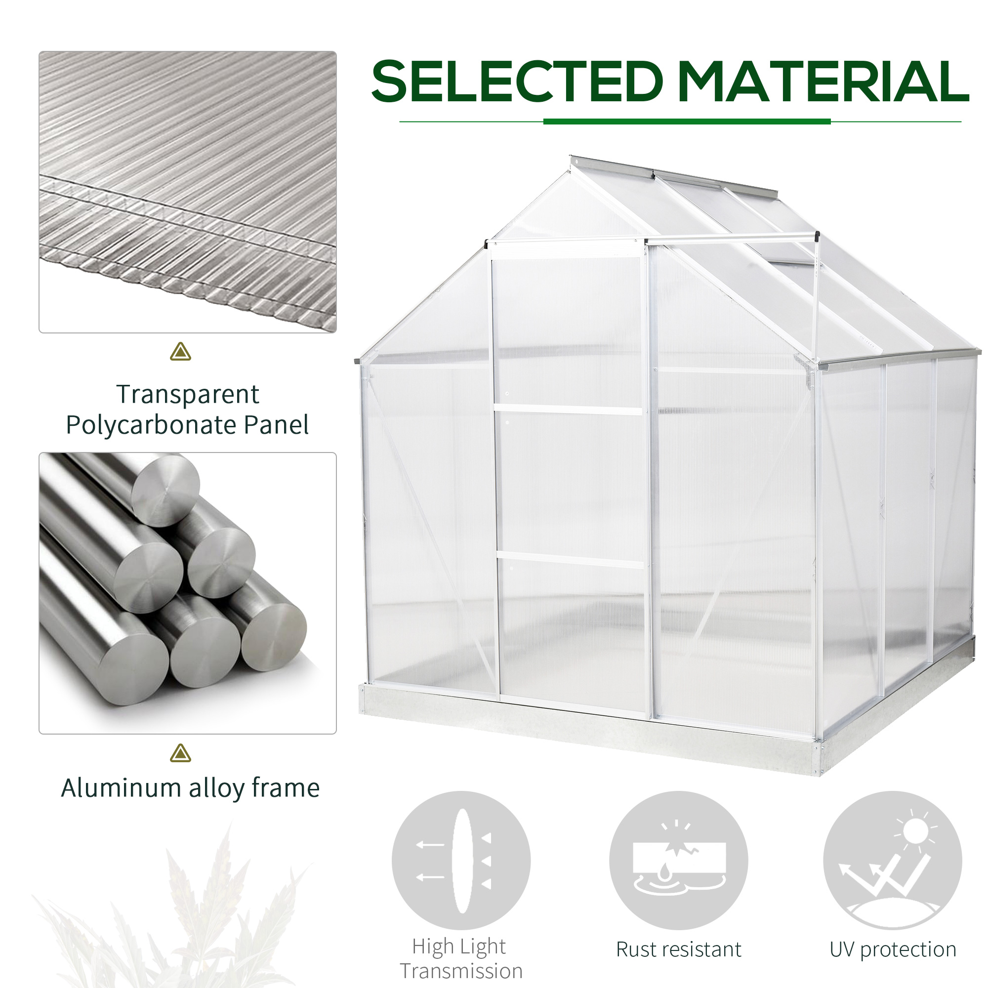 Outsunny 6 x 6 ft Walk-In Greenhouse Polycarbonate Lean to Greenhouse Grow House w/ Aluminium Frame, Sliding Door, Adjustable Window