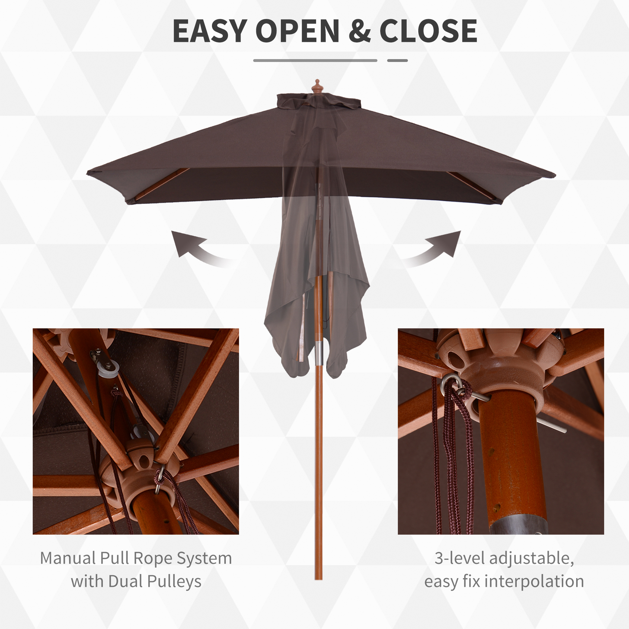 Outsunny Patio Parasol 2m x 1.5m, Bamboo Sunshade Canopy with Fir Wooden Pole, 6 Ribs, Tilt Mechanism for Outdoor Backyard