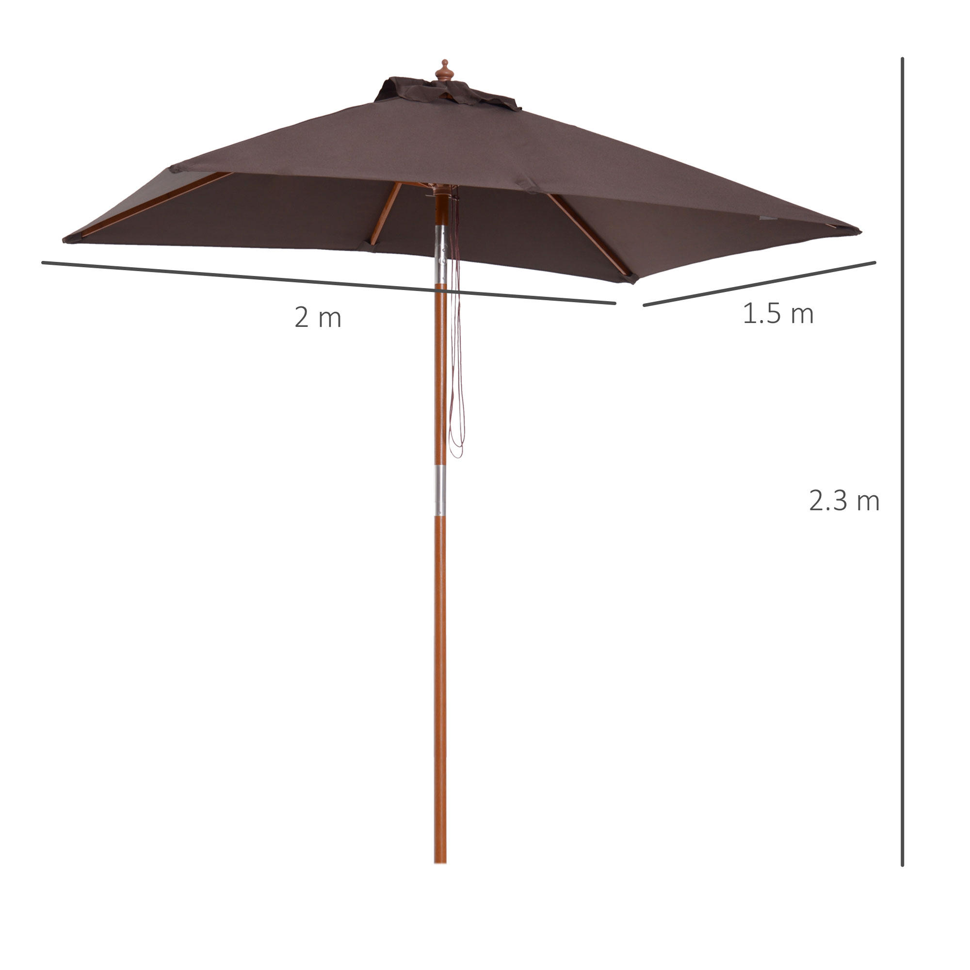 Outsunny Patio Parasol 2m x 1.5m, Bamboo Sunshade Canopy with Fir Wooden Pole, 6 Ribs, Tilt Mechanism for Outdoor Backyard