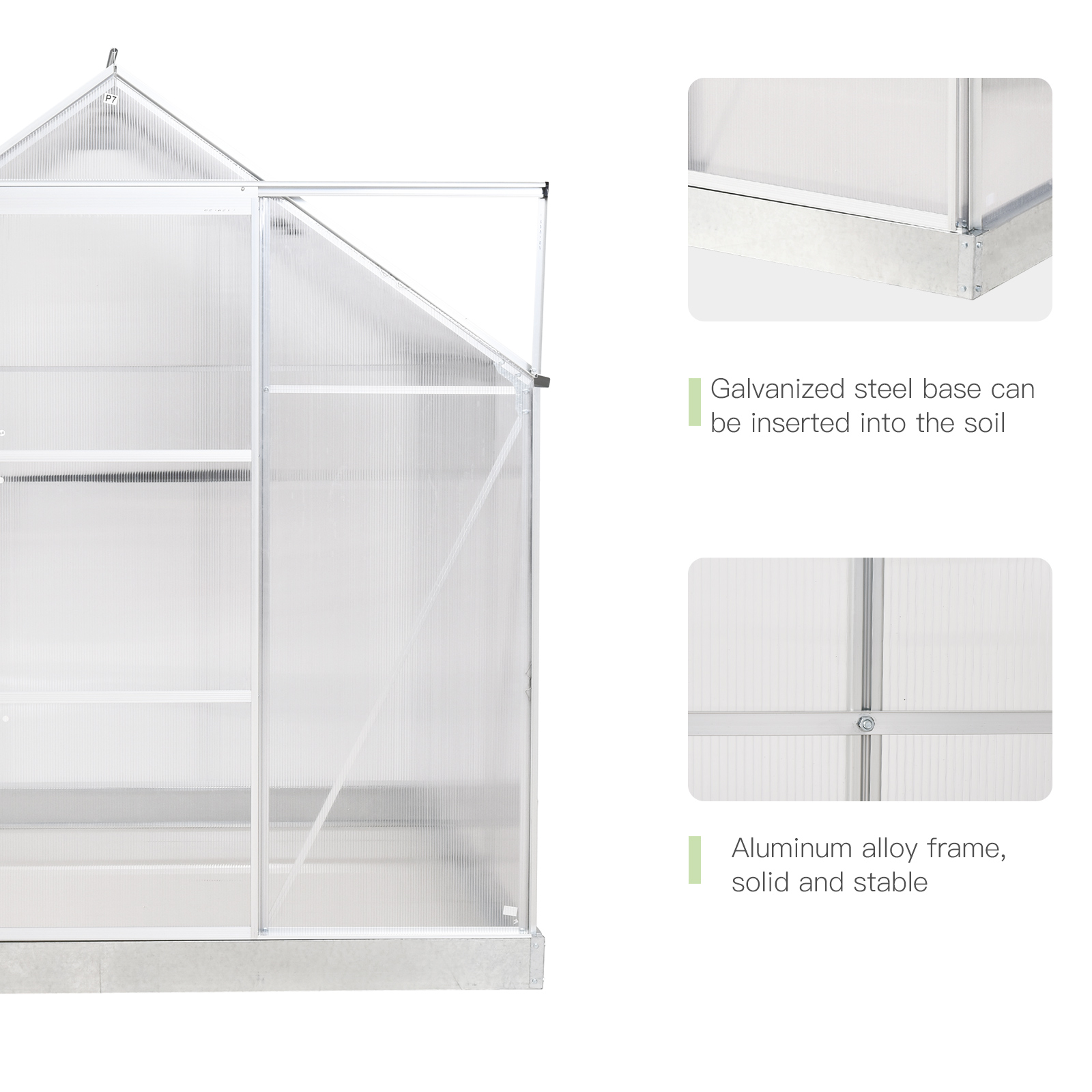 Outsunny 6 x 6 ft Walk-In Greenhouse Polycarbonate Lean to Greenhouse Grow House w/ Aluminium Frame, Sliding Door, Adjustable Window
