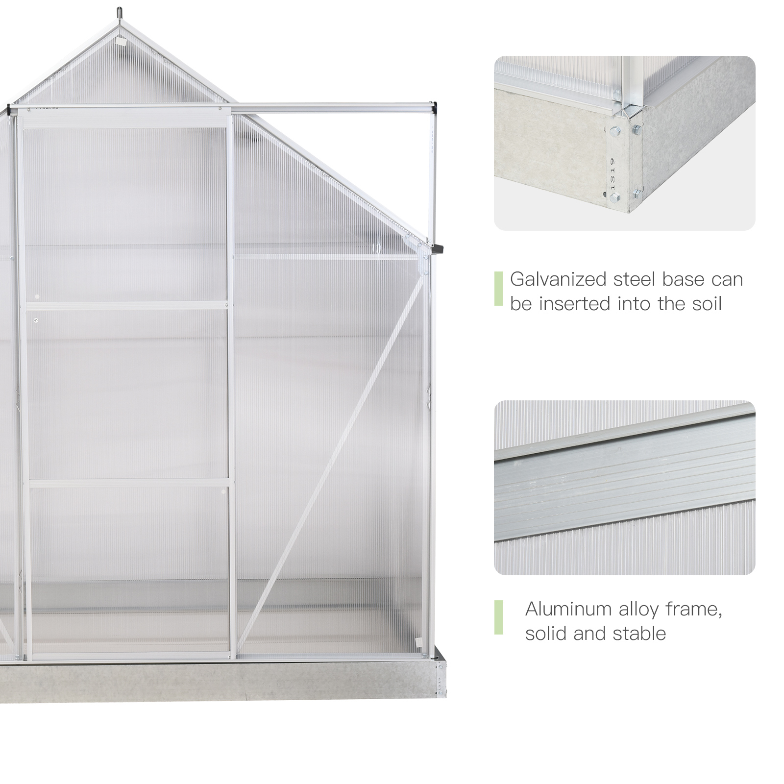 Outsunny Walk-In Greenhouse Polycarbonate Panels Aluminium Frame w/ Sliding Door Adjustable Window Inner Area Plant Flower Grow, 6 x 4 ft