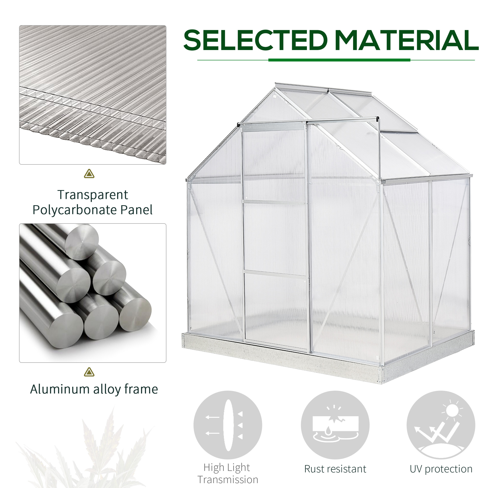 Outsunny Walk-In Greenhouse Polycarbonate Panels Aluminium Frame w/ Sliding Door Adjustable Window Inner Area Plant Flower Grow, 6 x 4 ft