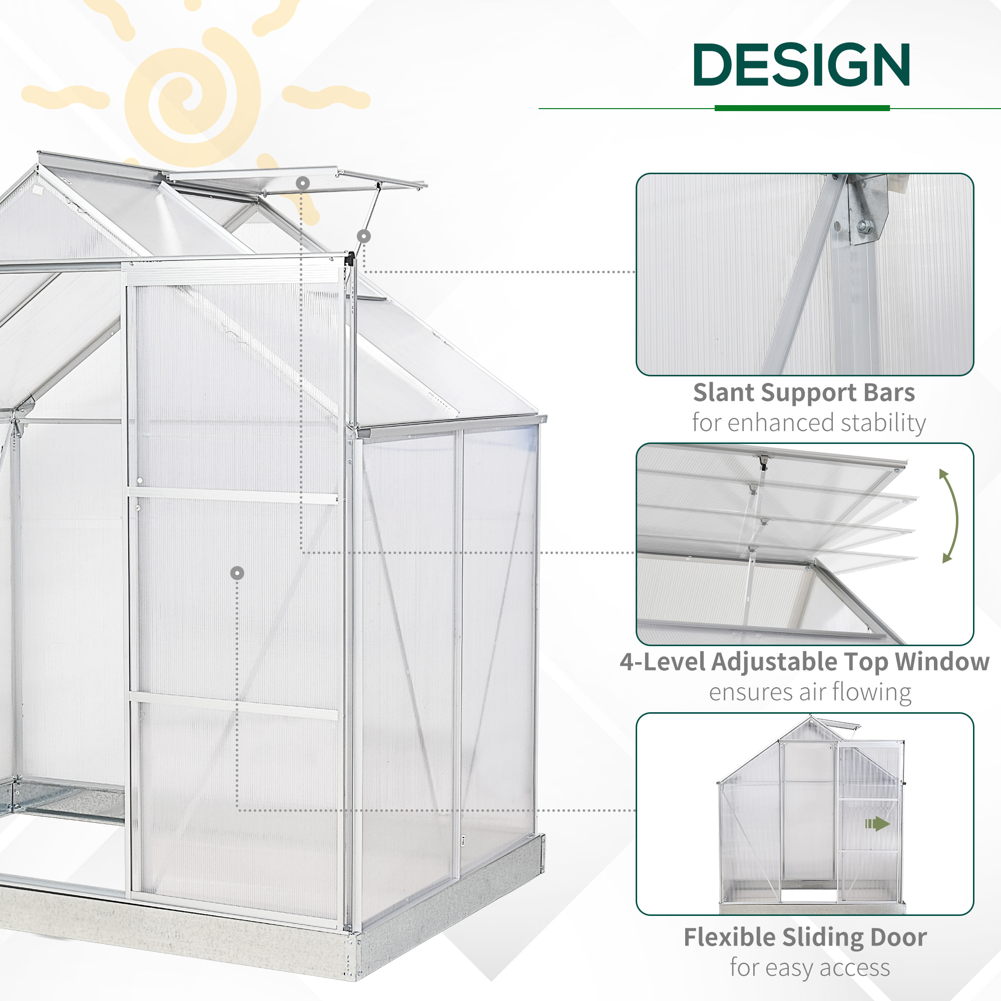 Outsunny Walk-In Greenhouse Polycarbonate Panels Aluminium Frame w/ Sliding Door Adjustable Window Inner Area Plant Flower Grow, 6 x 4 ft