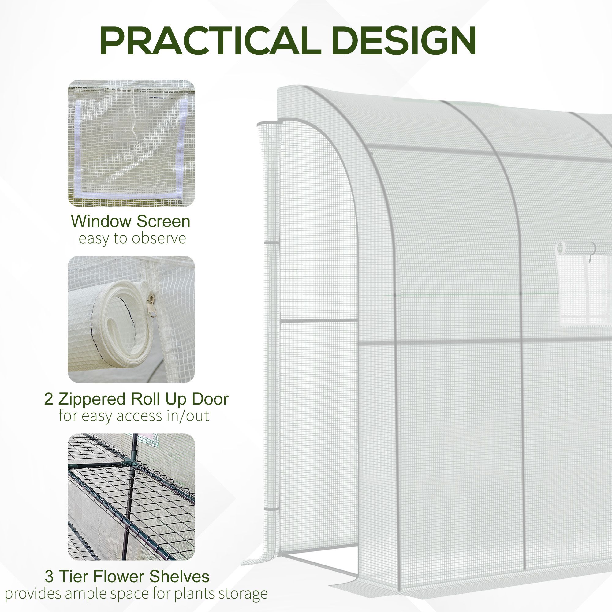 Outsunny Walk-In Lean to Polytunnel Greenhouse with Windows and Doors 2 Tiers 4 Wired Shelves 200L x 100W x 215Hcm White