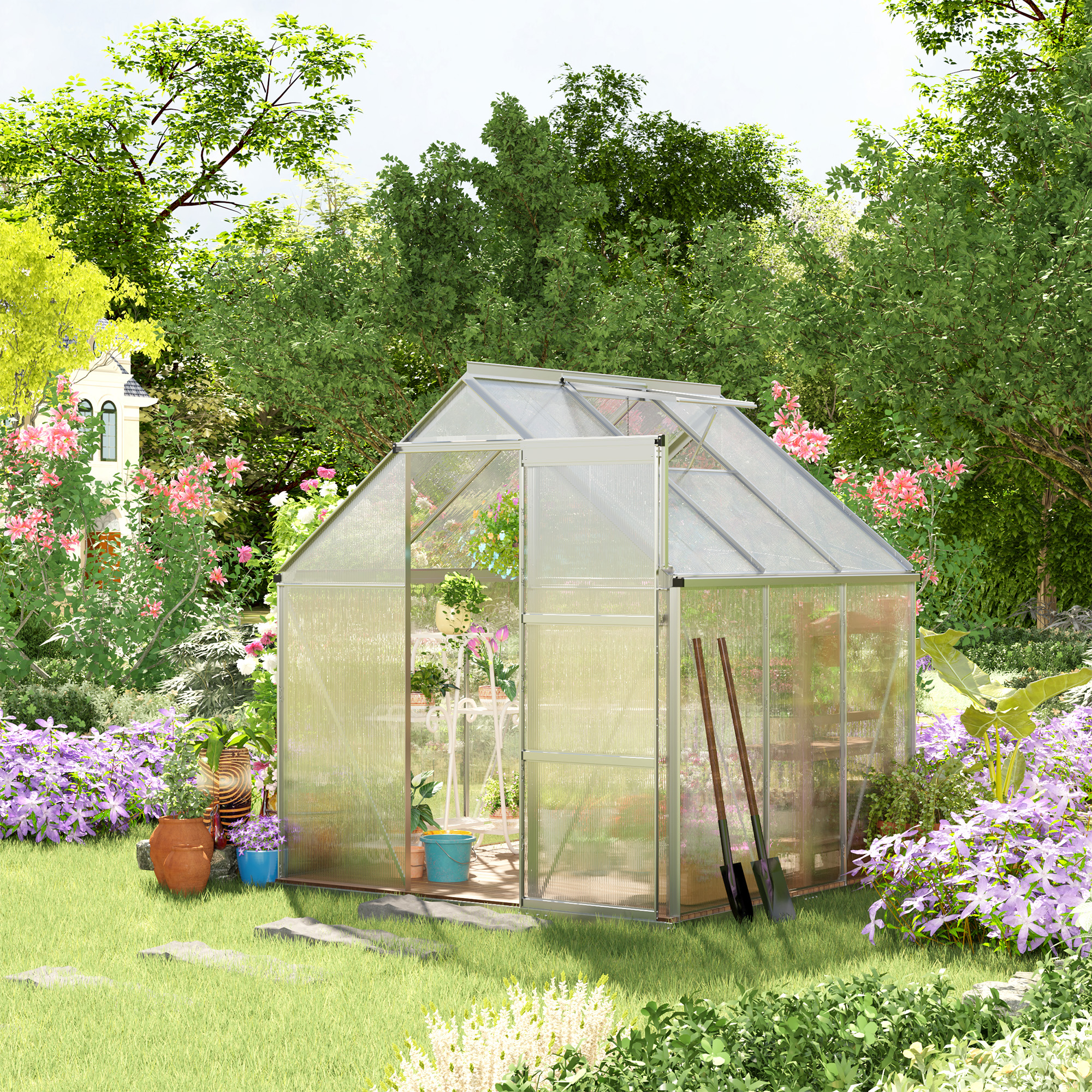 Outsunny 6 x 6 ft Walk-In Greenhouse Polycarbonate Lean to Greenhouse Grow House w/ Aluminium Frame, Sliding Door, Adjustable Window