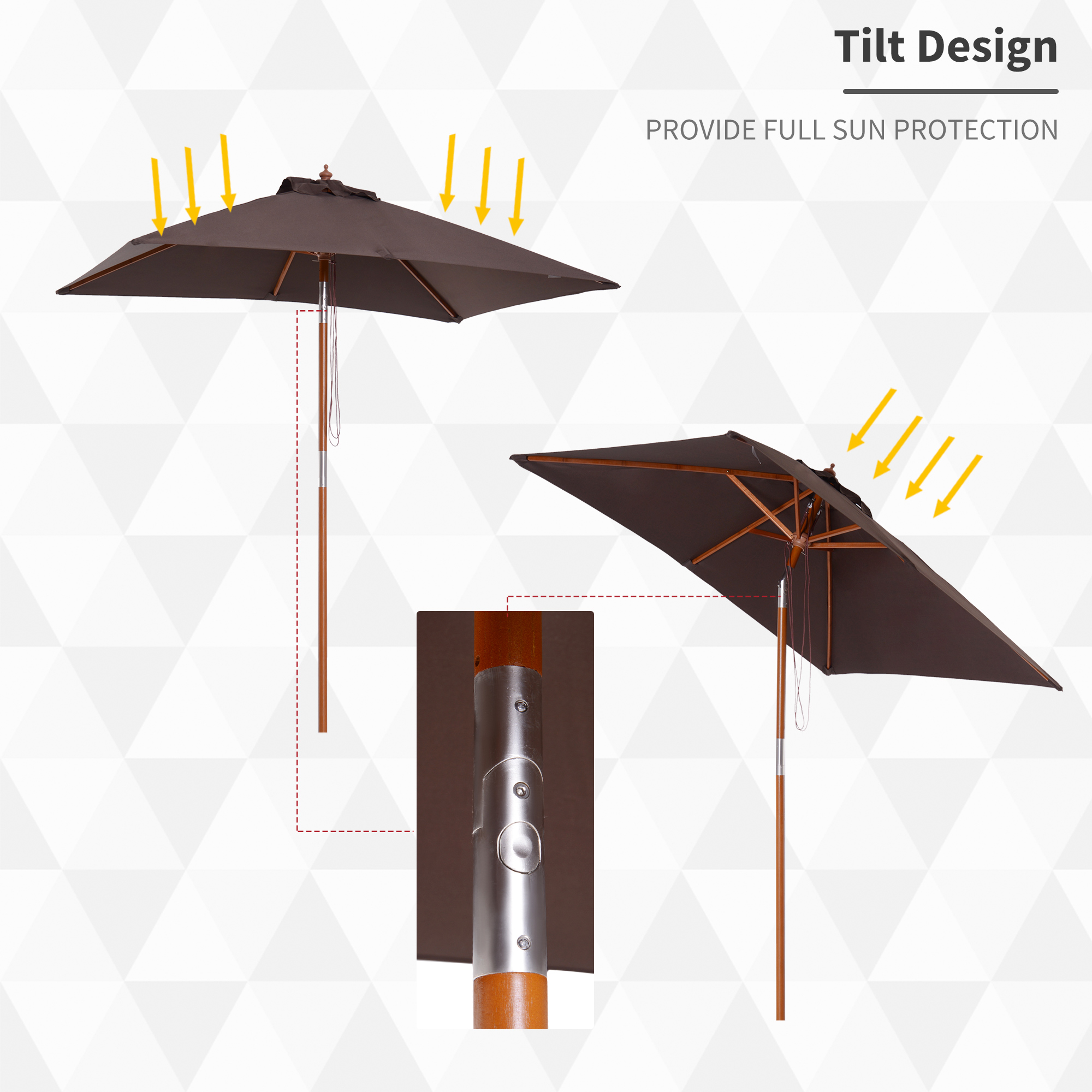 Outsunny Patio Parasol 2m x 1.5m, Bamboo Sunshade Canopy with Fir Wooden Pole, 6 Ribs, Tilt Mechanism for Outdoor Backyard