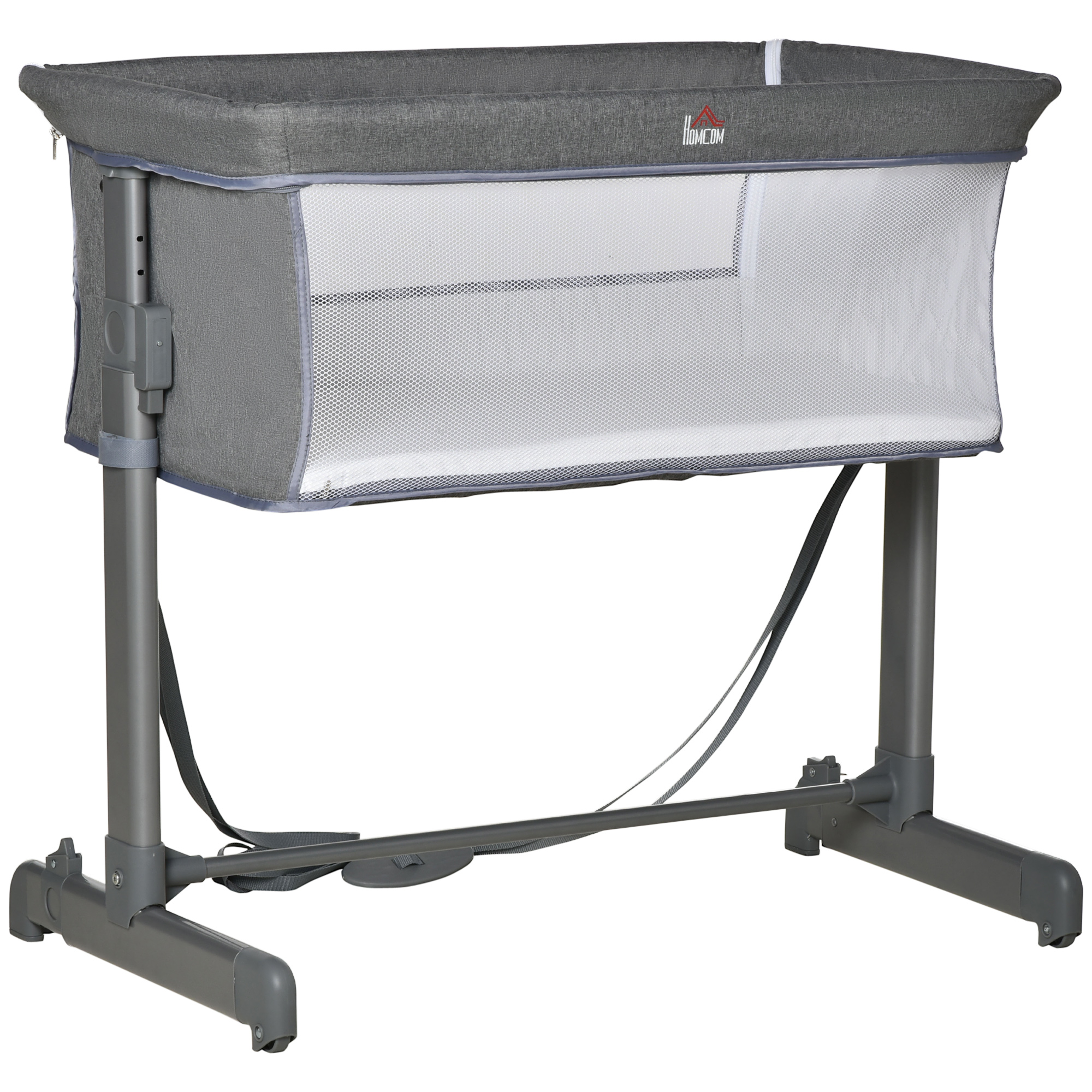 HOMCOM Culla Fianco Letto con Altezza Regolabile, Lettino Co-Sleeping Pieghevole con Tessuto a Rete e Borsa di Trasporto, 86x50x83cm, Grigio