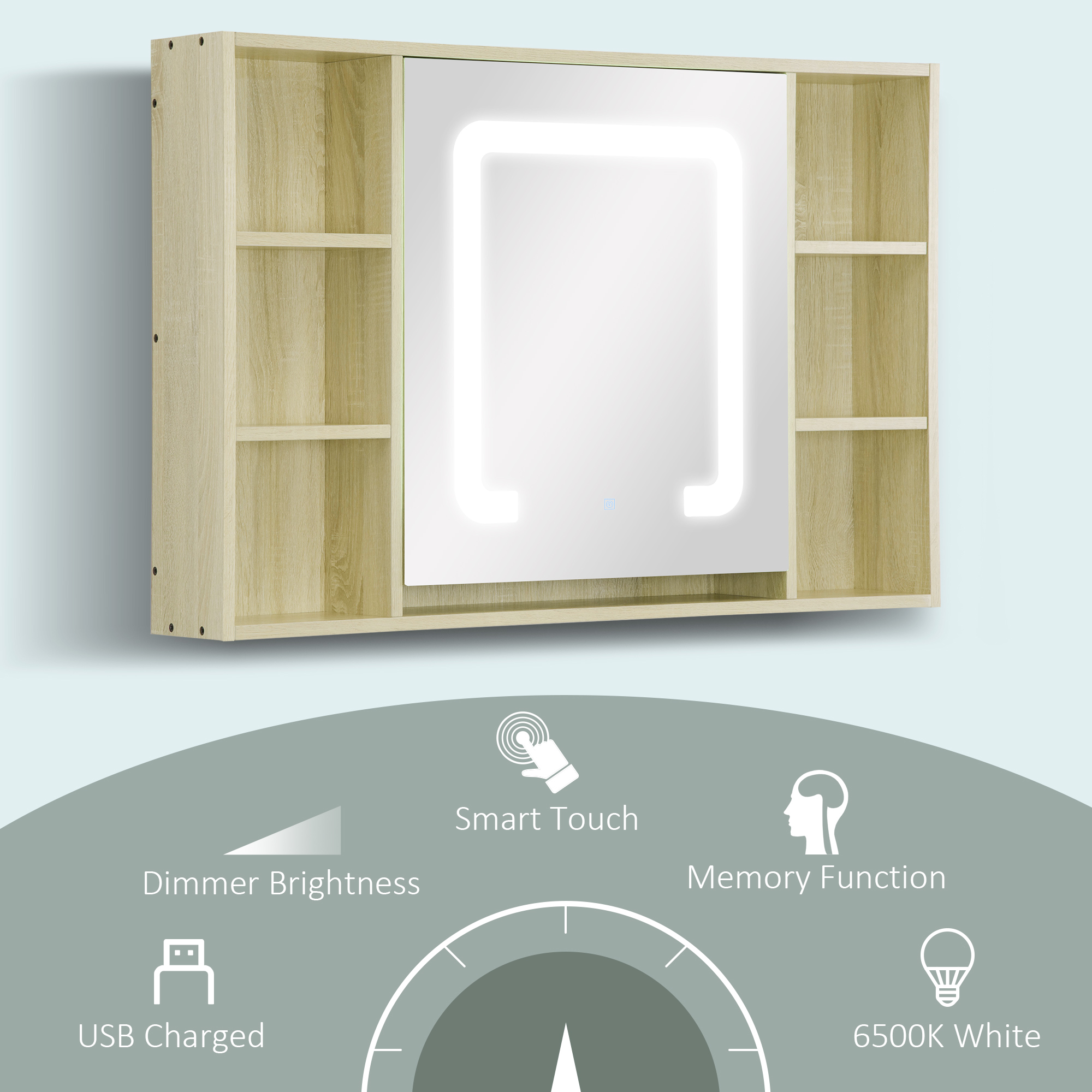 kleankin LED Bathroom Mirror Cabinet, Wall Mounted Dimmable  