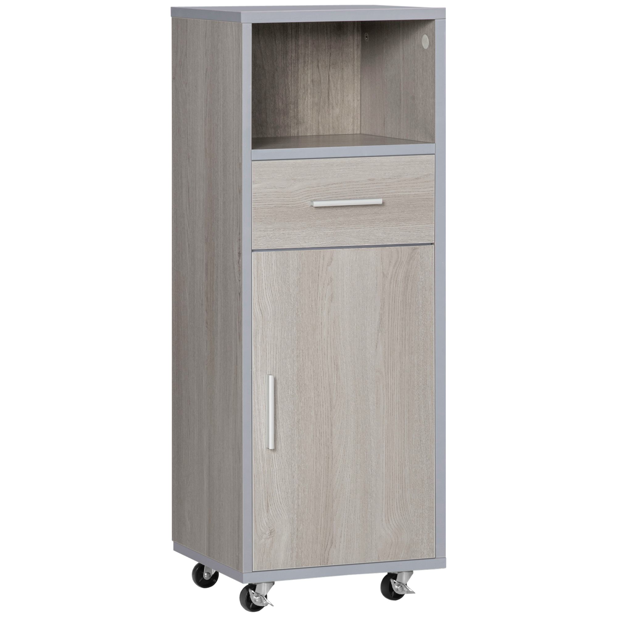 kleankin Mobiletto Bagno Rialzato con Ripiano Aperto, Cassetto e Armadietto, in MDF, 30x32x87cm, Grigio e Legno