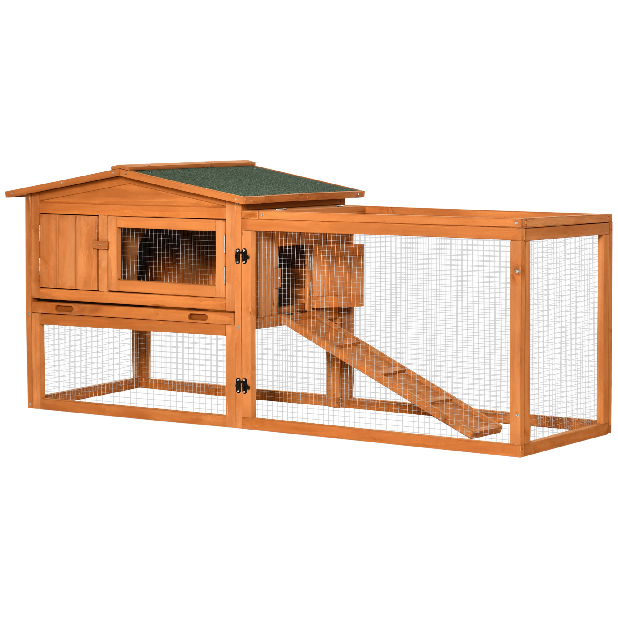 PawHut Coelheira de Madeira Exterior Gaiola para Coelhos de 2 Níveis com Teto Asfáltico 2 Áreas Cercadas Bandeja Removível 2 Portas Janela e Rampa 157,4x53x93,5cm Madeira Natural