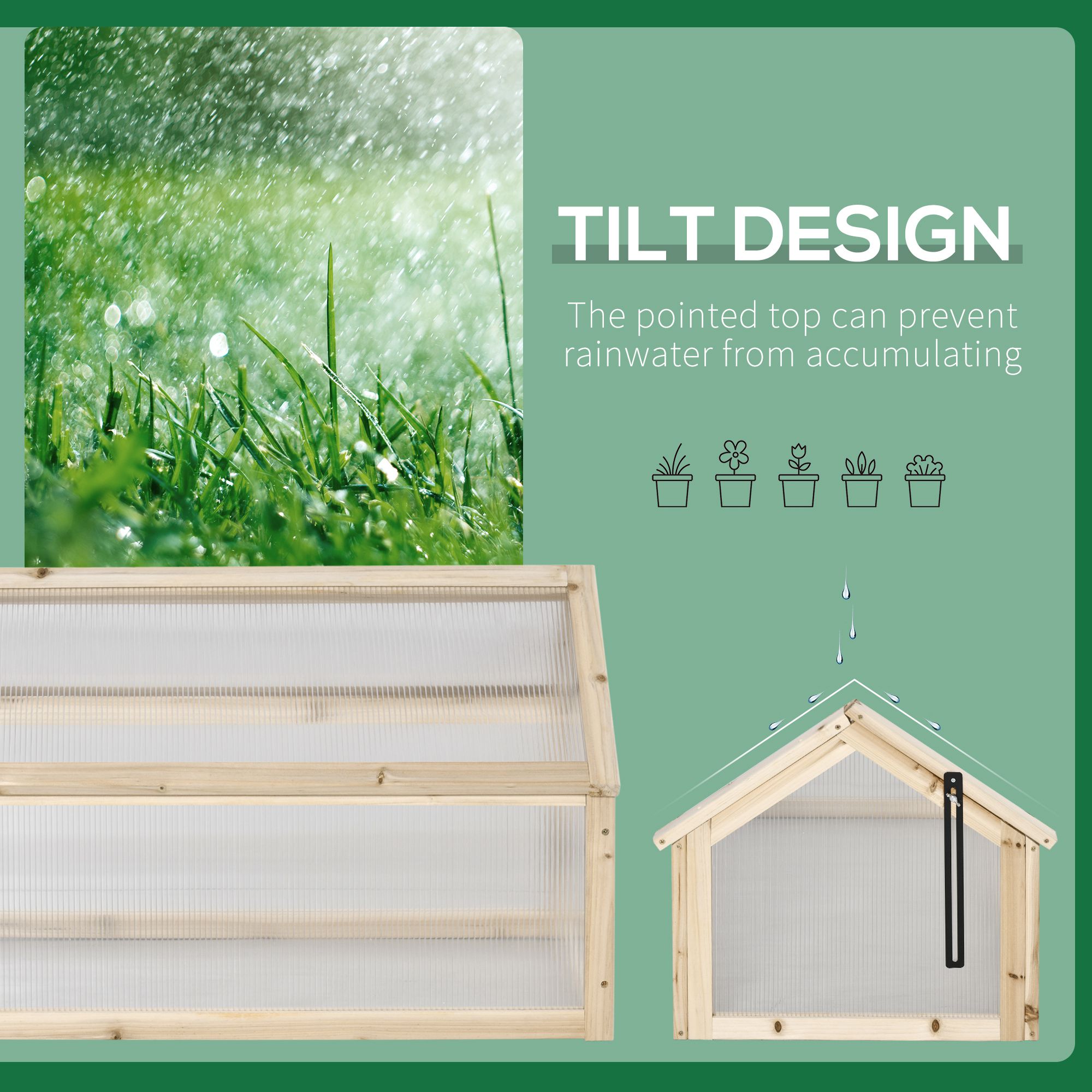 Outsunny Polycarbonate Cold Frame Greenhouse, Wooden Grow House with Top Opening for Flowers, Vegetables, 90 x 52 x 50 cm, Natural