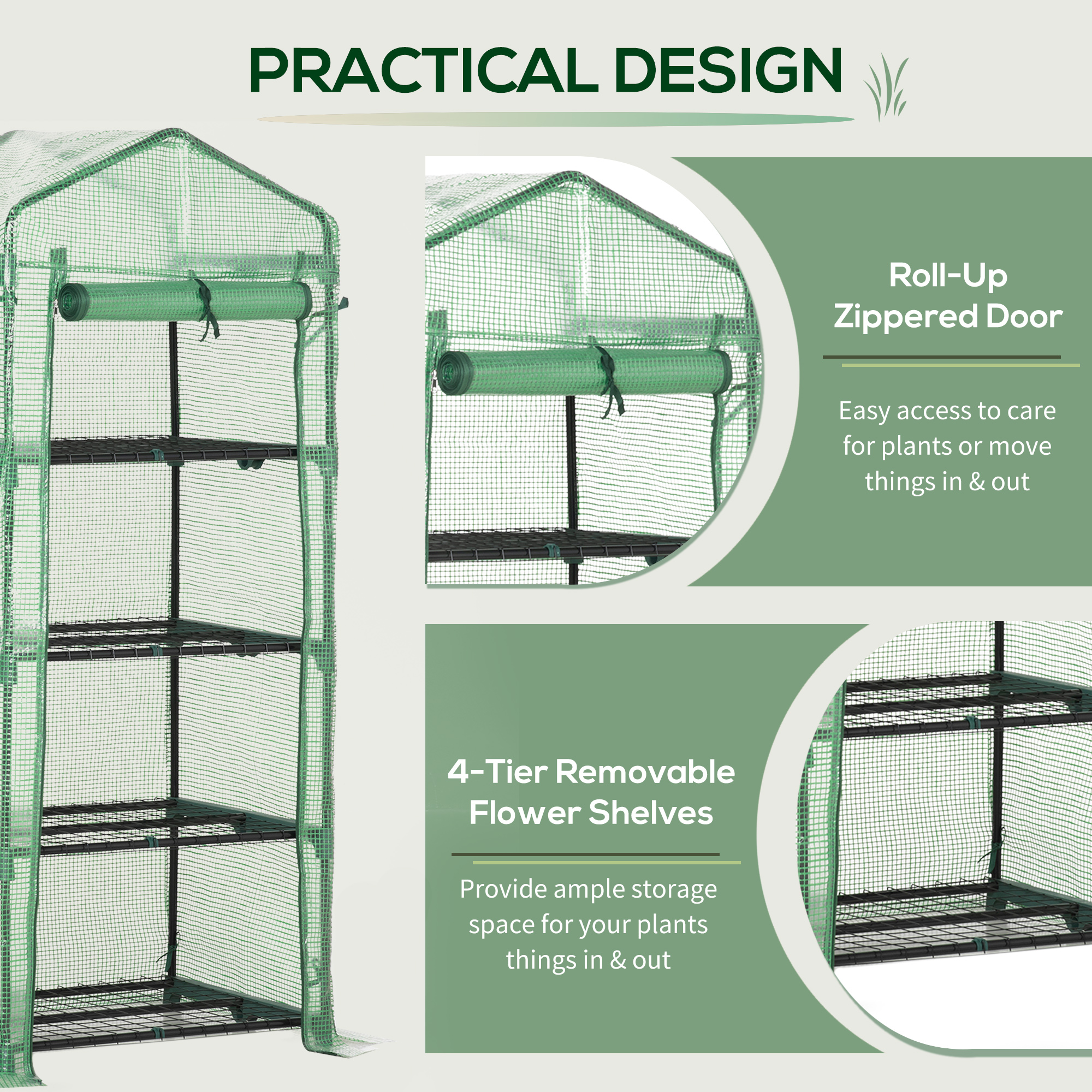 Outsunny Mini Greenhouse 4 Tier, Portable with Steel Frame, PE Cover, Roll-up Door, 70 x 50 x 160 cm, Green