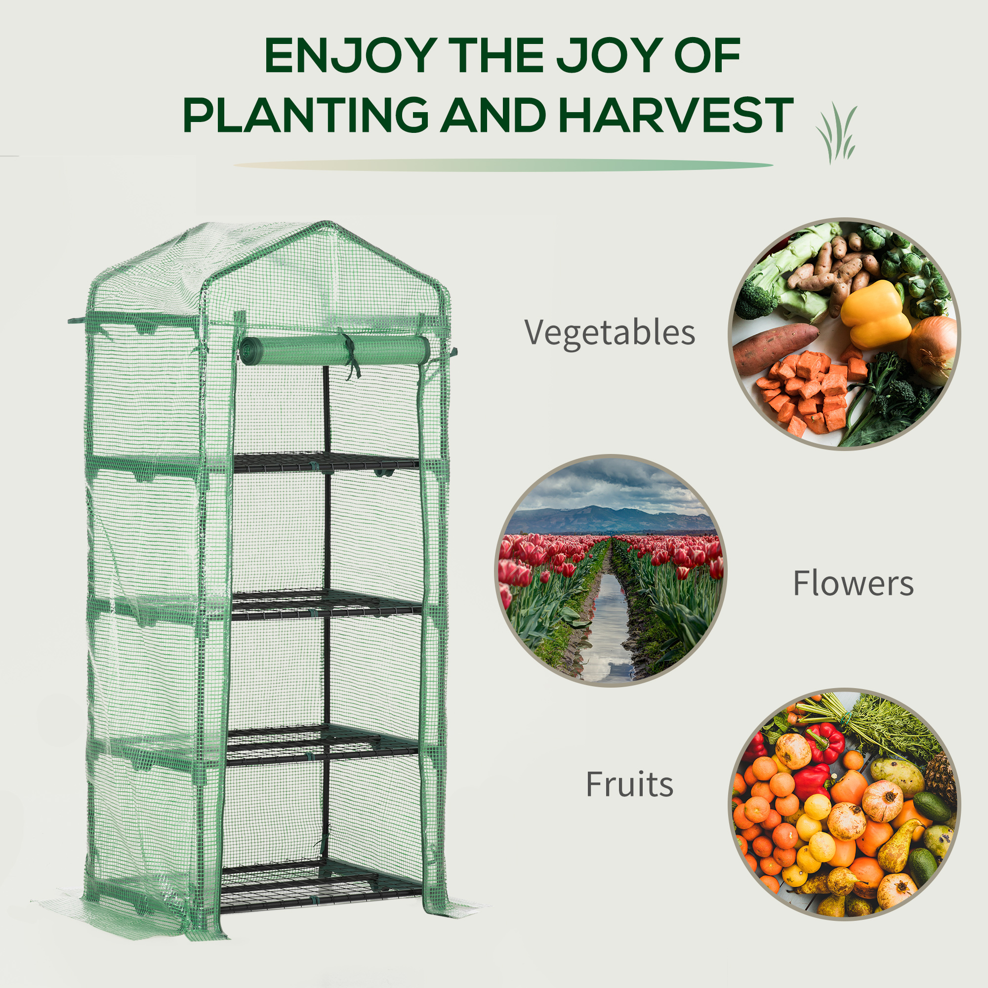 Outsunny Mini Greenhouse 4 Tier, Portable with Steel Frame, PE Cover, Roll-up Door, 70 x 50 x 160 cm, Green