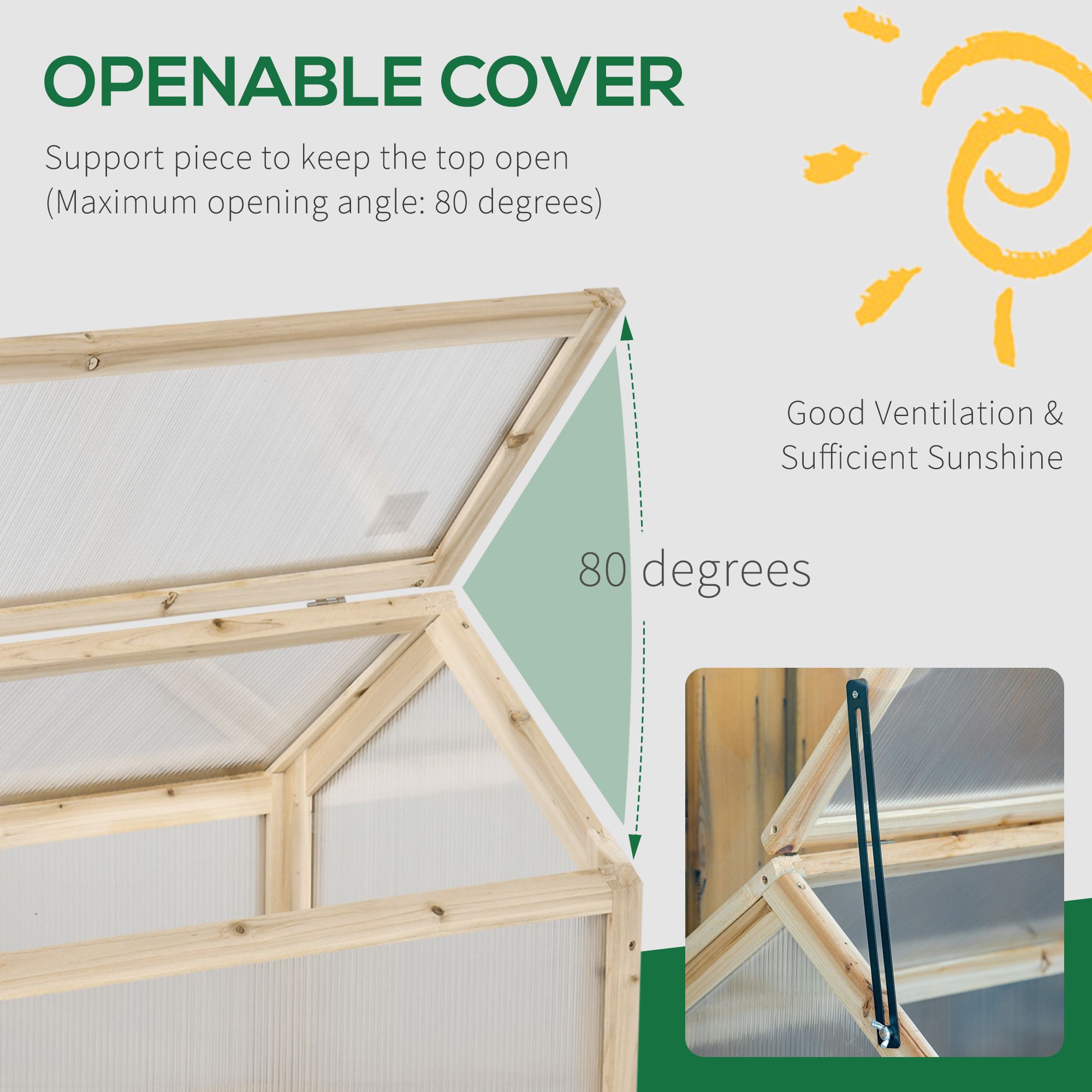 Outsunny Polycarbonate Cold Frame Greenhouse, Wooden Grow House with Top Opening for Flowers, Vegetables, 90 x 52 x 50 cm, Natural