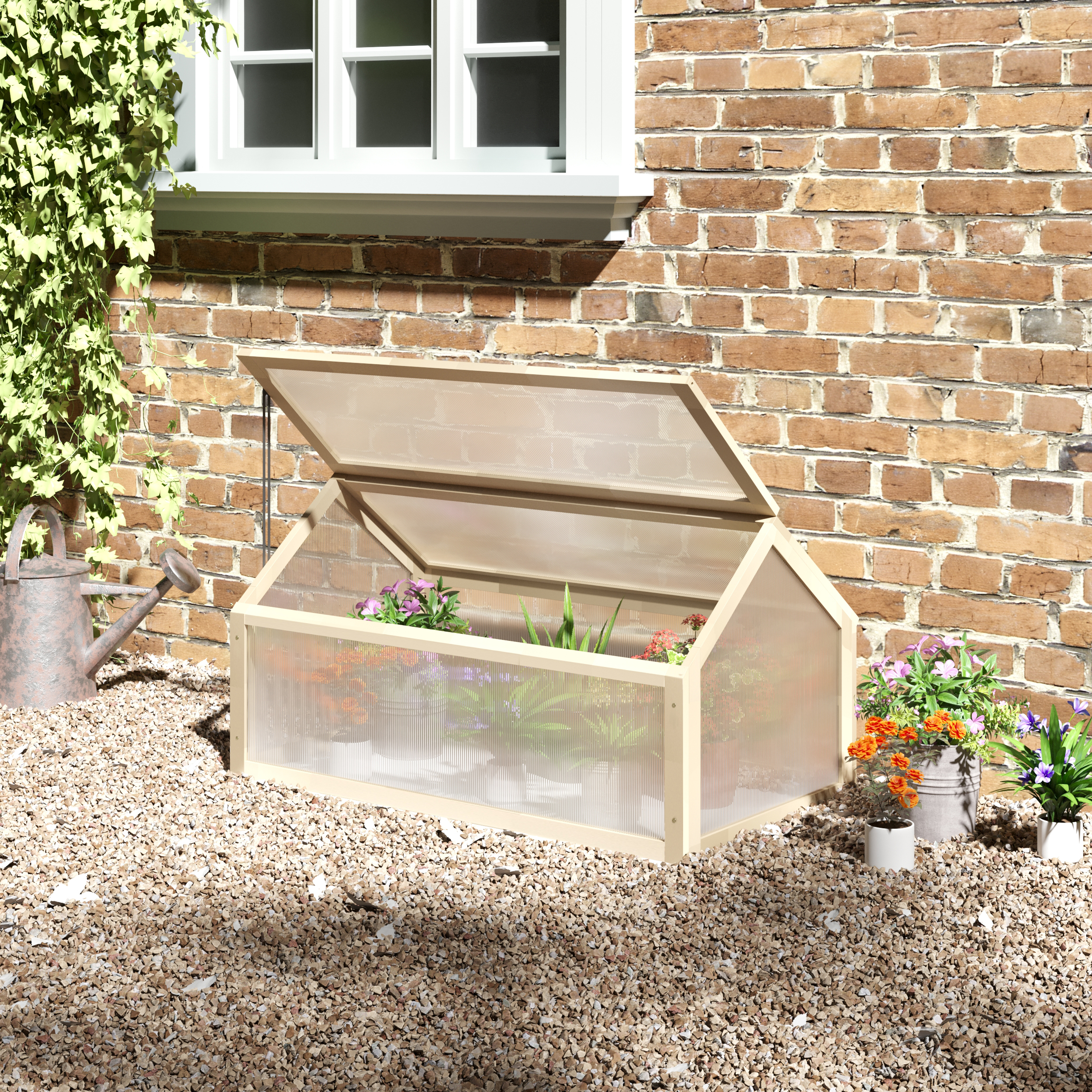 Outsunny Polycarbonate Cold Frame Greenhouse, Wooden Grow House with Top Opening for Flowers, Vegetables, 90 x 52 x 50 cm, Natural