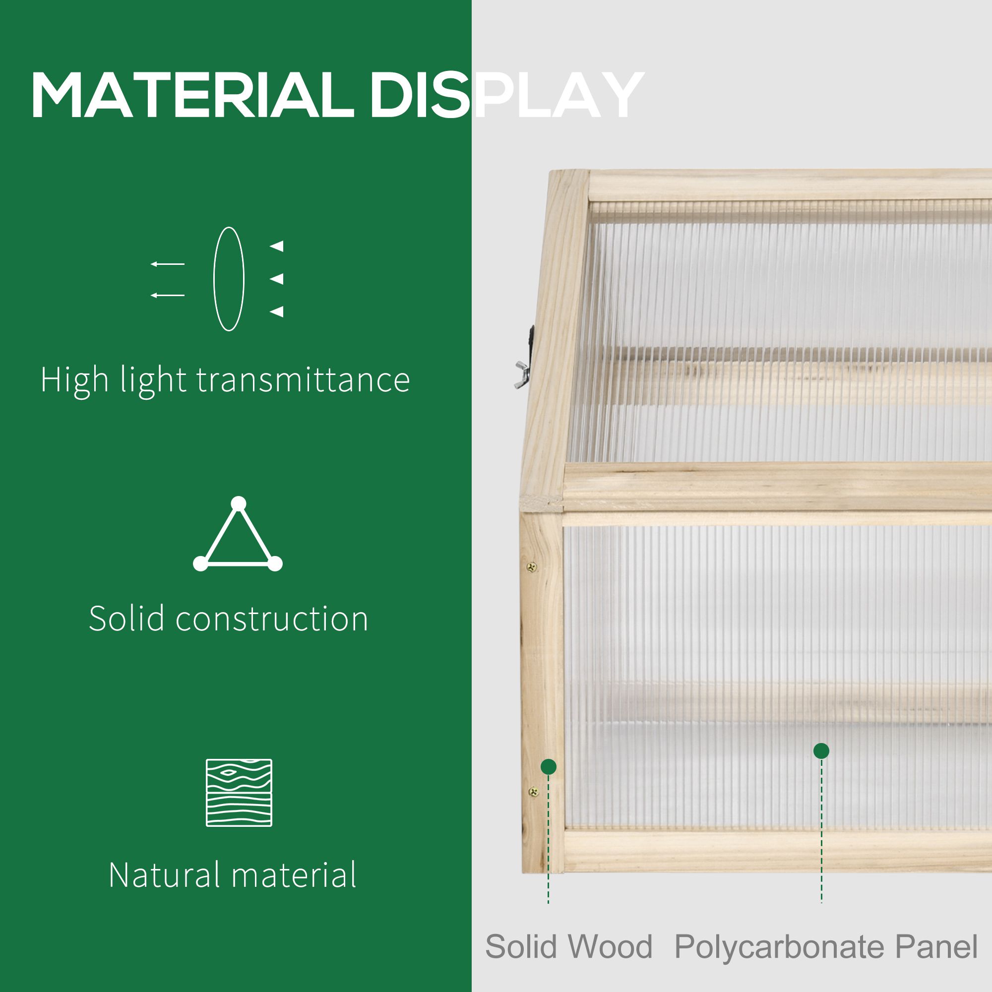 Outsunny Polycarbonate Cold Frame Greenhouse, Wooden Grow House with Top Opening for Flowers, Vegetables, 90 x 52 x 50 cm, Natural