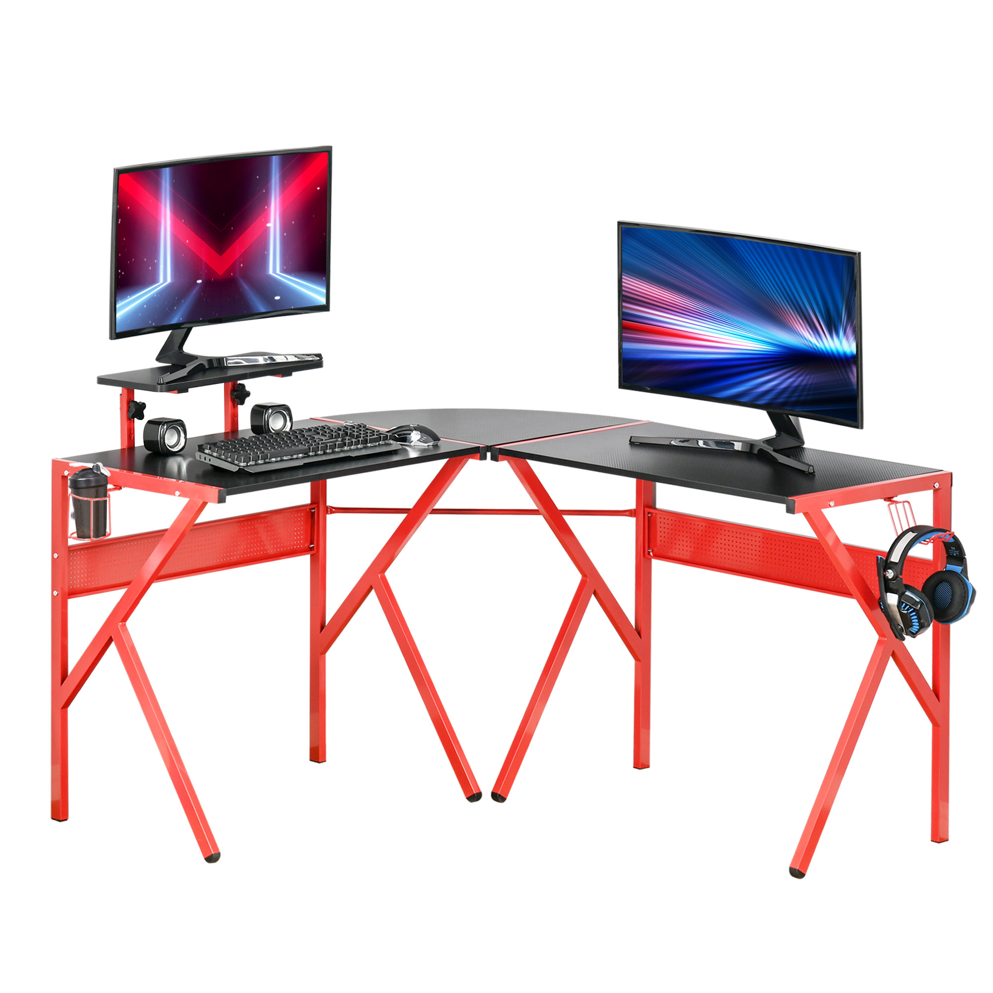 HOMCOM Gaming Desk L-Shaped Corner Computer Table for Home Office PC Workstations with Adjustable Monitor Stand , Red