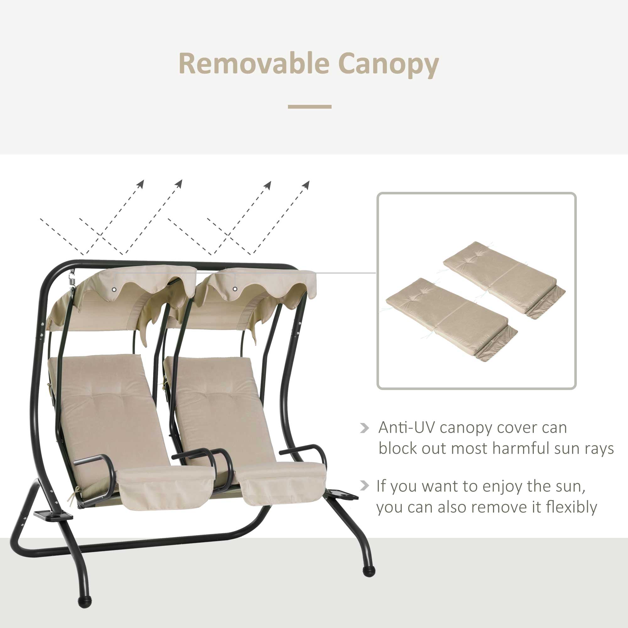 Outsunny 2-Seater Swing Chair Modern Relax Chair w/ 2 Separate Chairs, Cushions and Removable Shade Canopy, Beige
