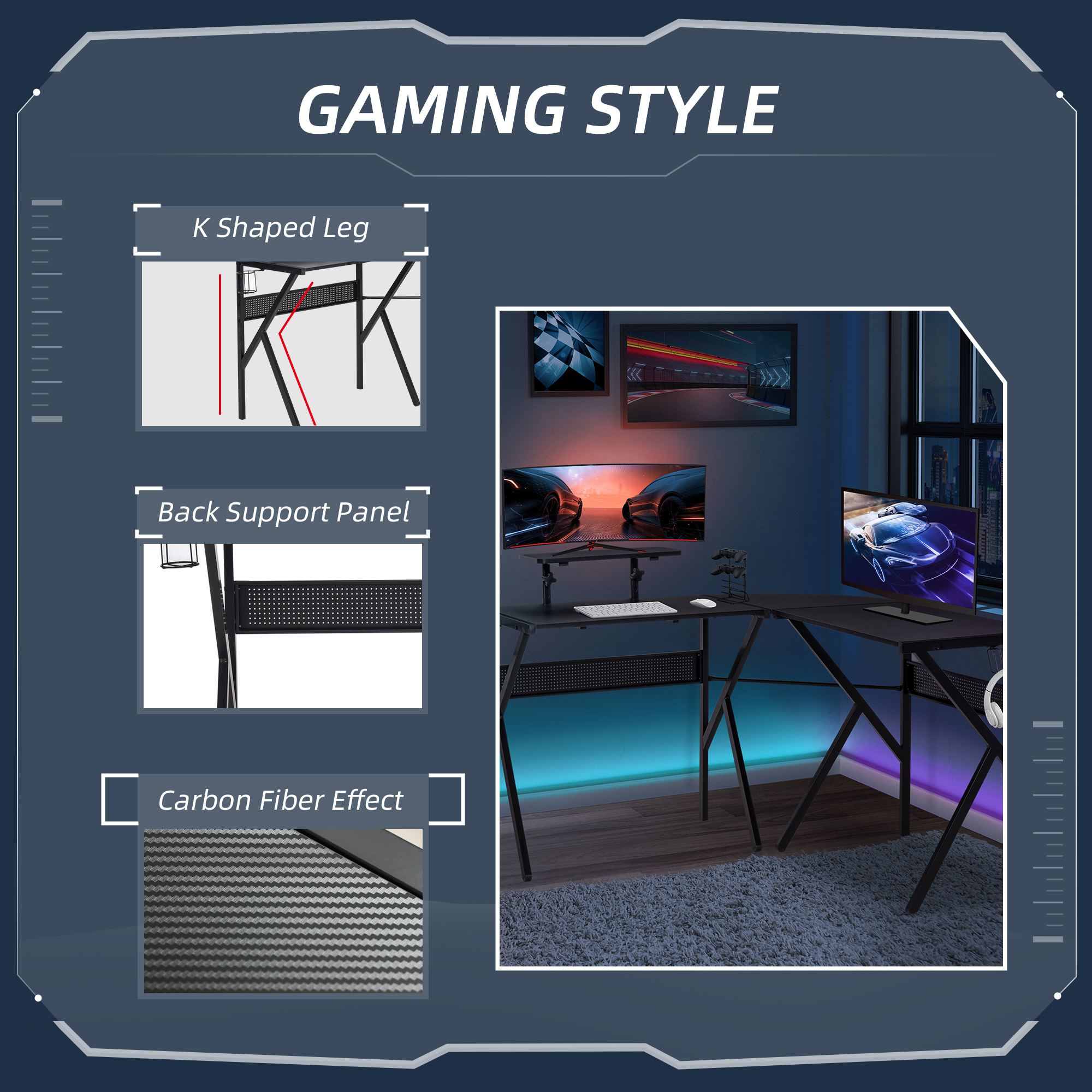 HOMCOM Gaming Desk L-Shaped Corner Computer Table for Home Office PC Workstations with Adjustable Monitor Stand , Black