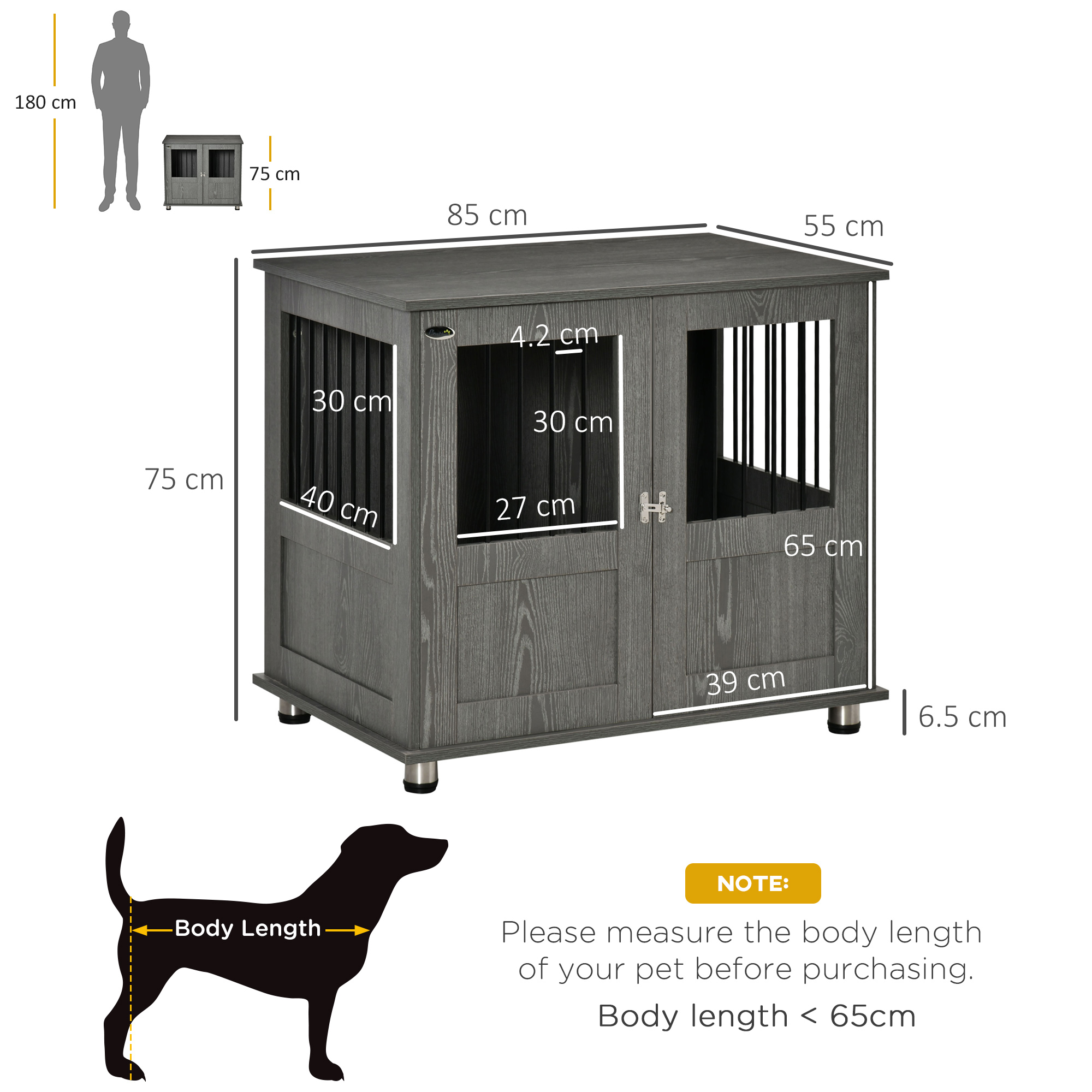 PawHut Pet Kennel End Table, Dog Crate Furniture for Small and Medium Dogs, Indoor Animal Cage with Magnetic Door, Grey