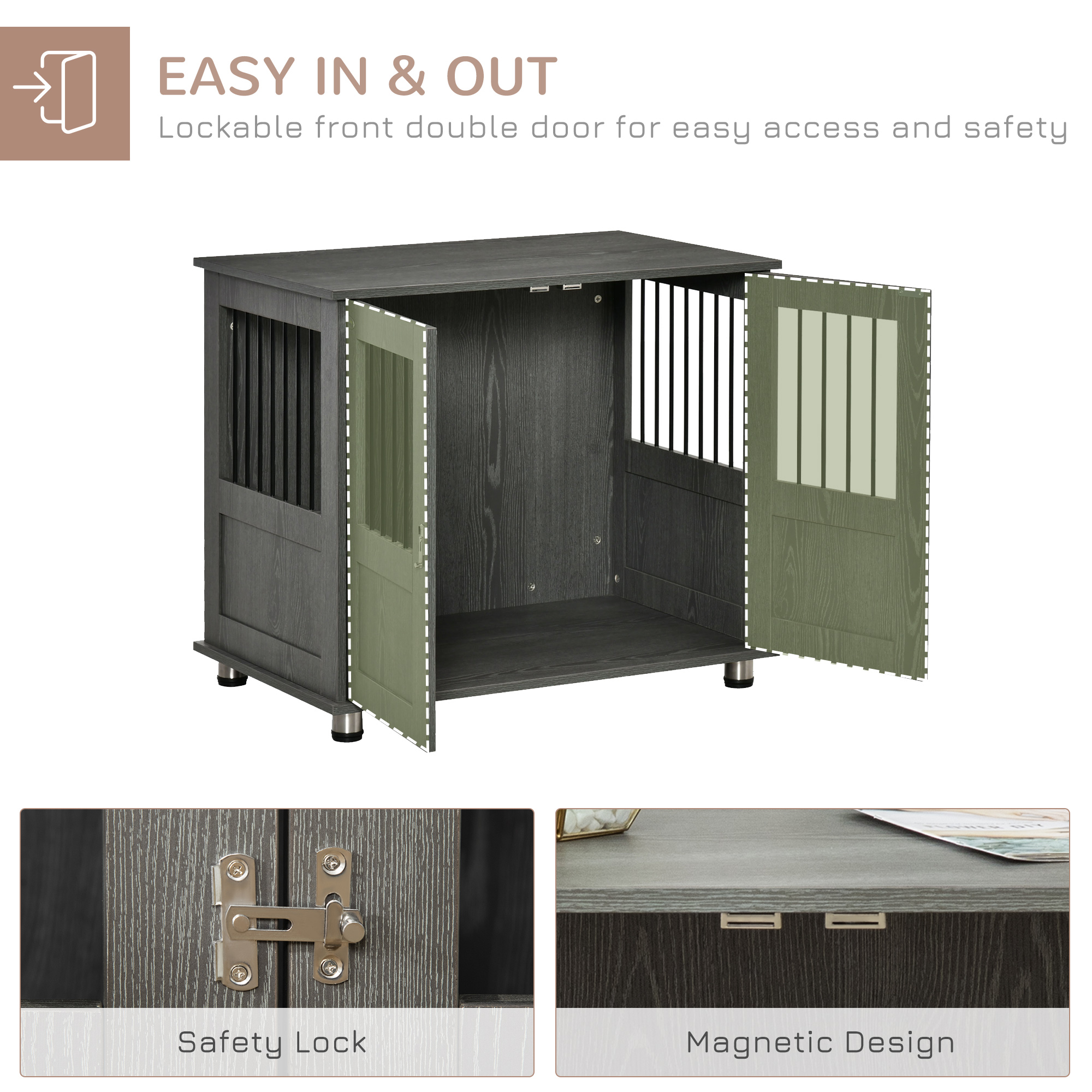 PawHut Pet Kennel End Table, Dog Crate Furniture for Small and Medium Dogs, Indoor Animal Cage with Magnetic Door, Grey