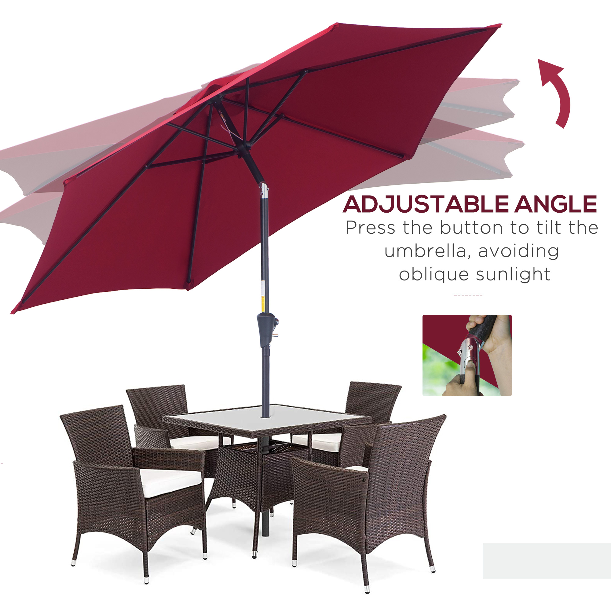 Outsunny 2.7M Tilting Parasol Sun Parasol Outdoor Garden Umbrellas Sun Shade Aluminium Frame with Crankï¼ˆWine Redï¼‰