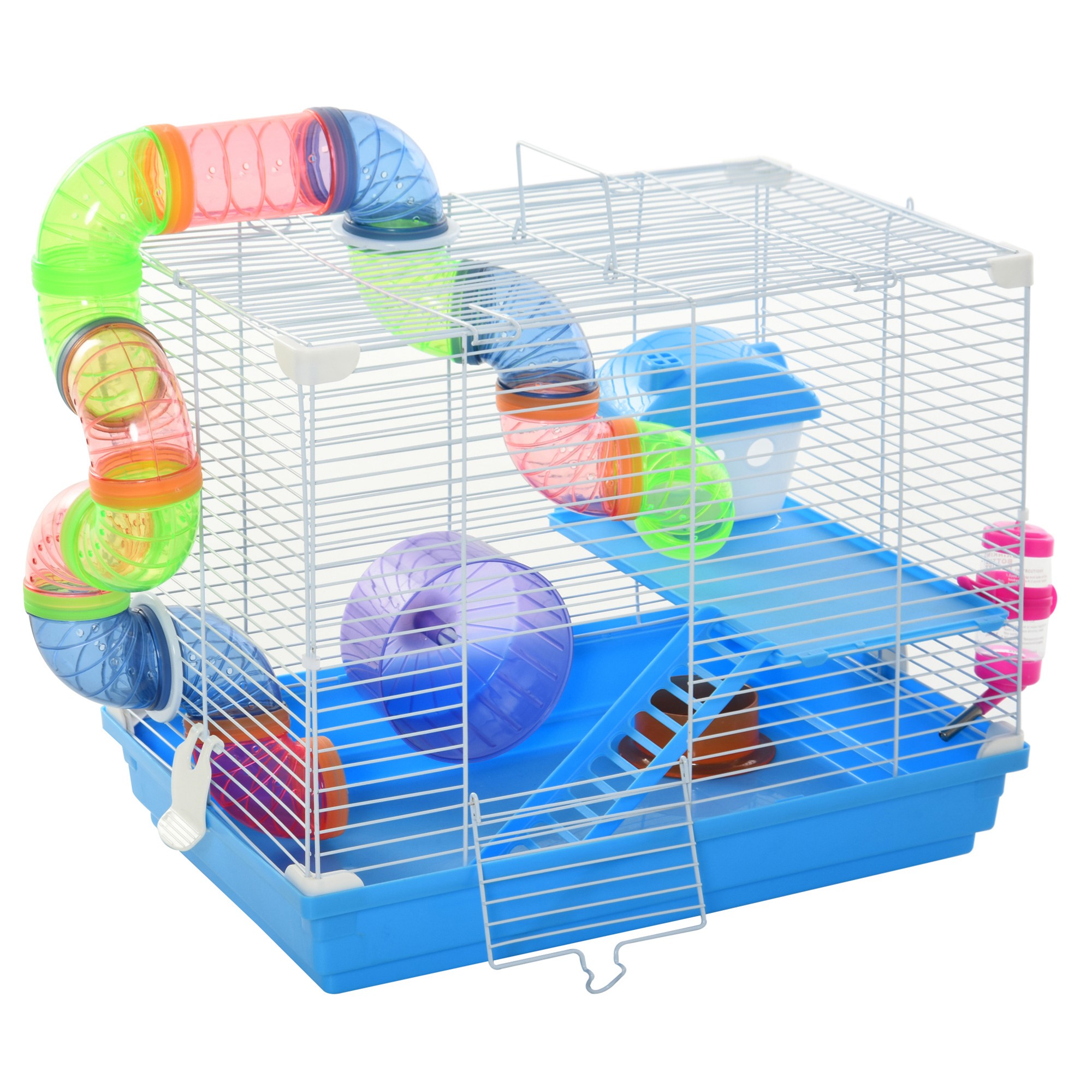 PawHut Cage à hamster rongeur 2 niveaux avec tunnel, biberon eau, roue, maisonnette, échelles dim. 46L x 30l x 37H cm