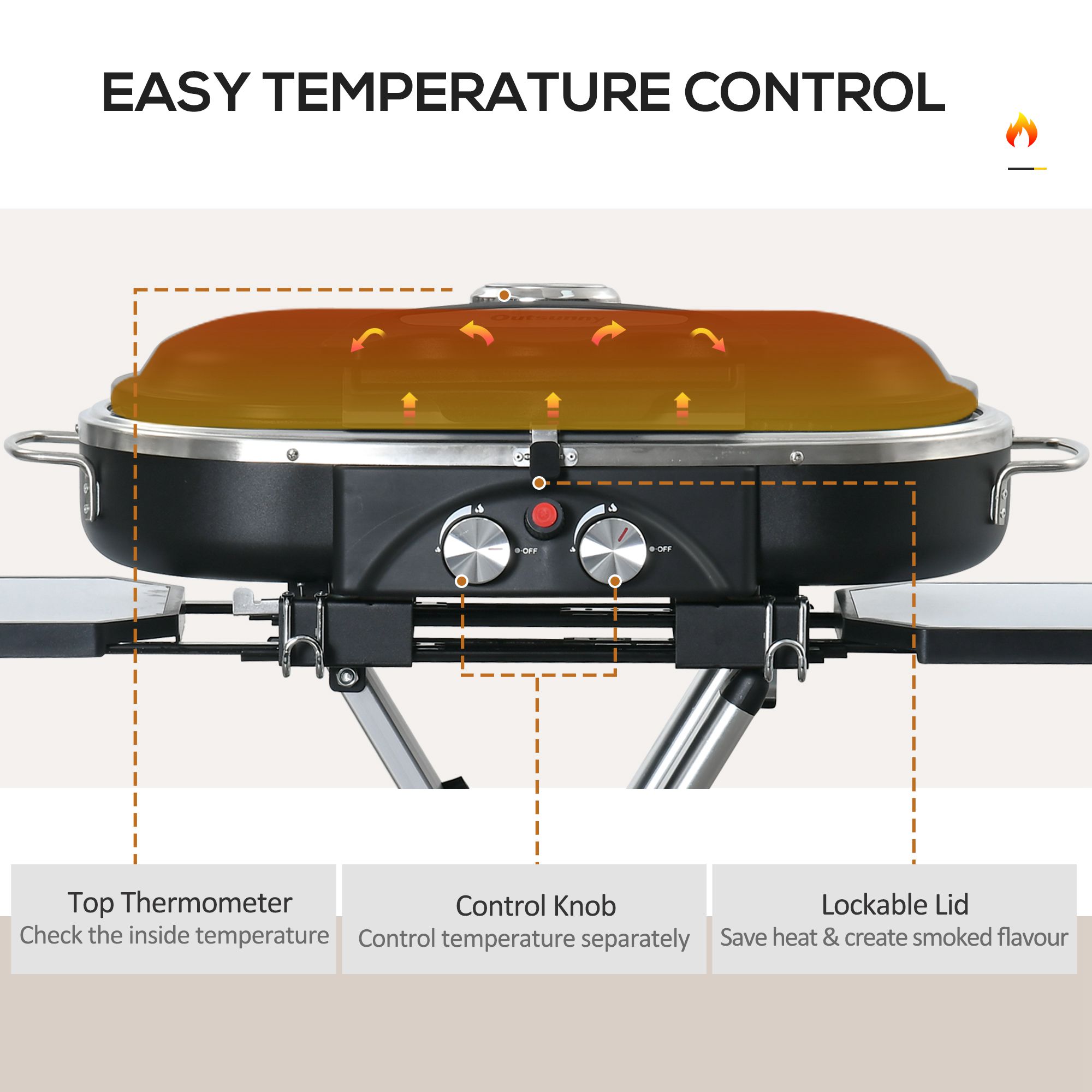 Outsunny Foldable Gas BBQ Grill 2 Burner Garden Barbecue Trolley w/ Lid Side Shelves Storage Pocket Piezo Ignition Thermometer, Aluminium Alloy