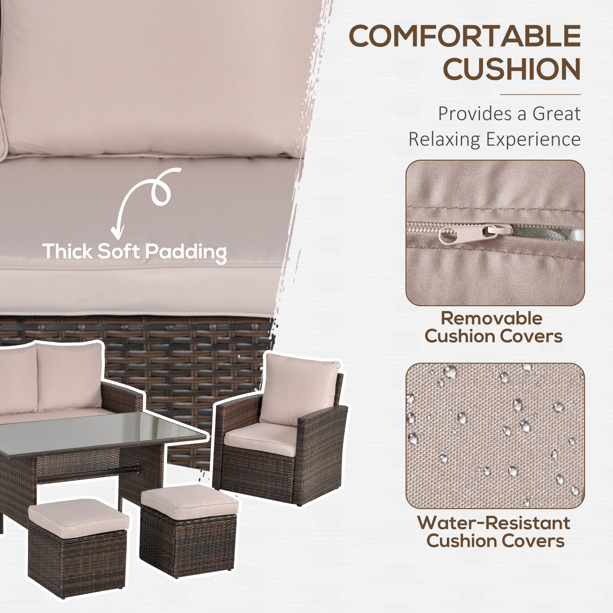 Outsunny 6 PCS Outdoor Patio PE Rattan Wicker Tempered Glass Dining Table Sets for Garden Backyard w/ Cushions & Mixed Brown